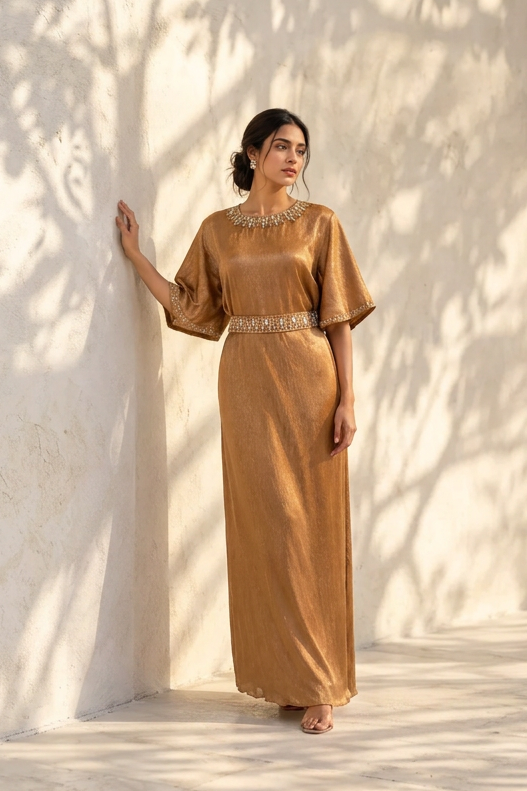 Jeweled Gold Embellished Premium Satin Gown