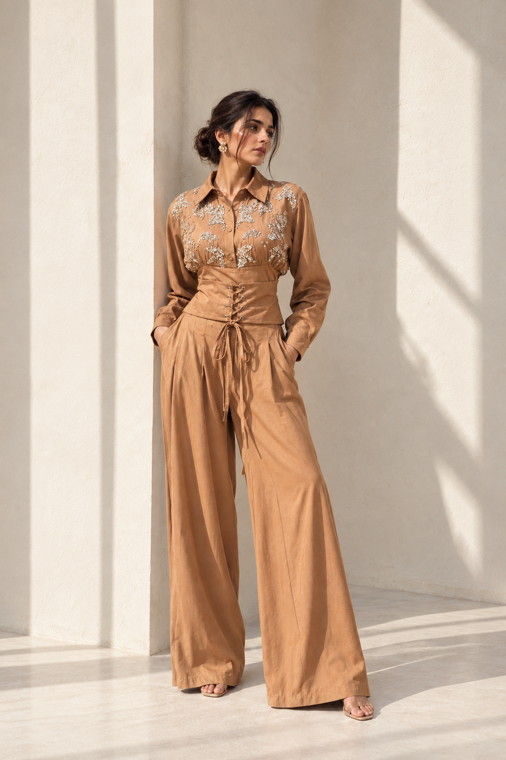 Camel Brown Embellished Crepe Silk Co-ord Set