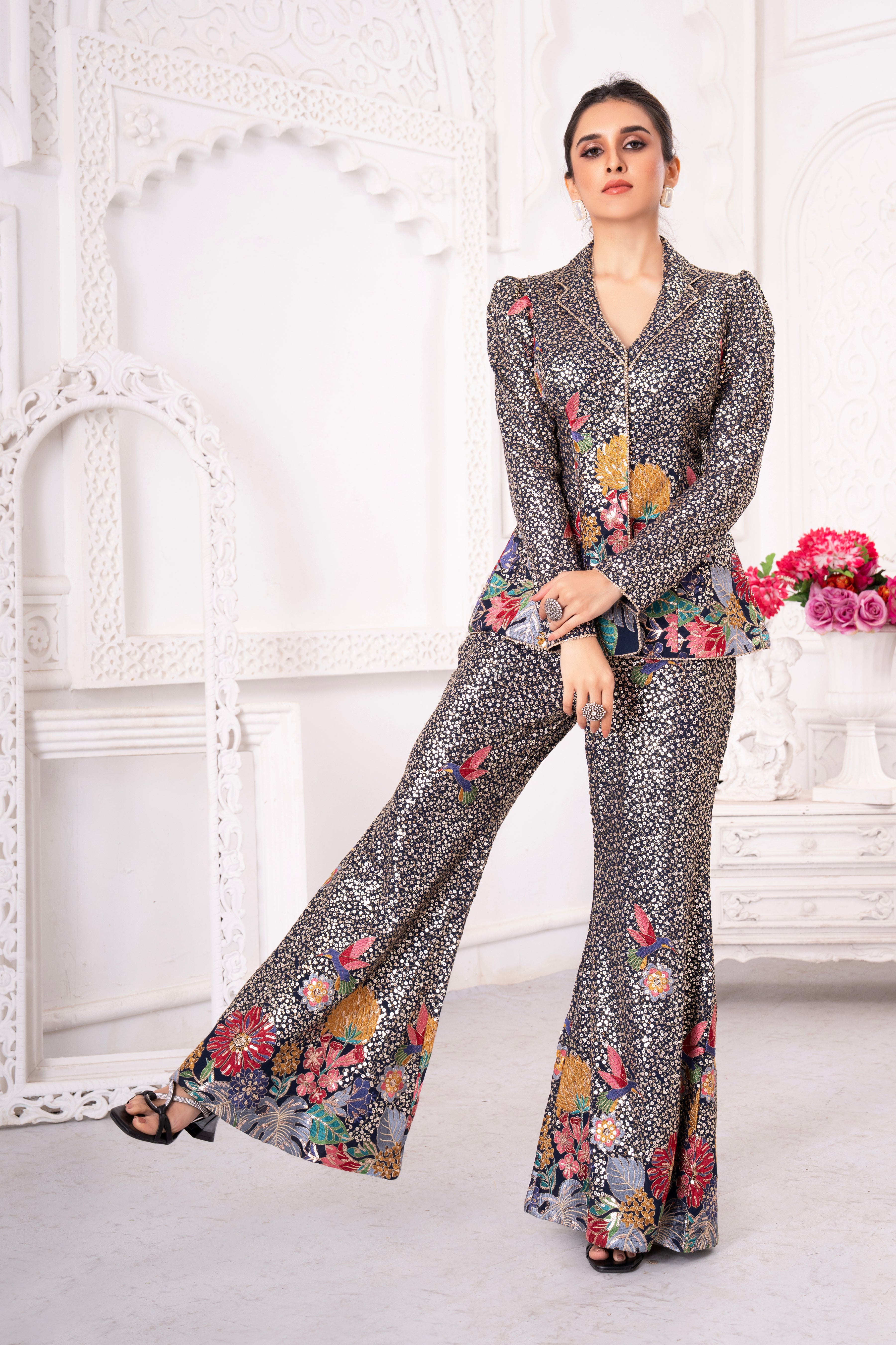 Starry Night Floral Handwork Blazer Co-Ord Set