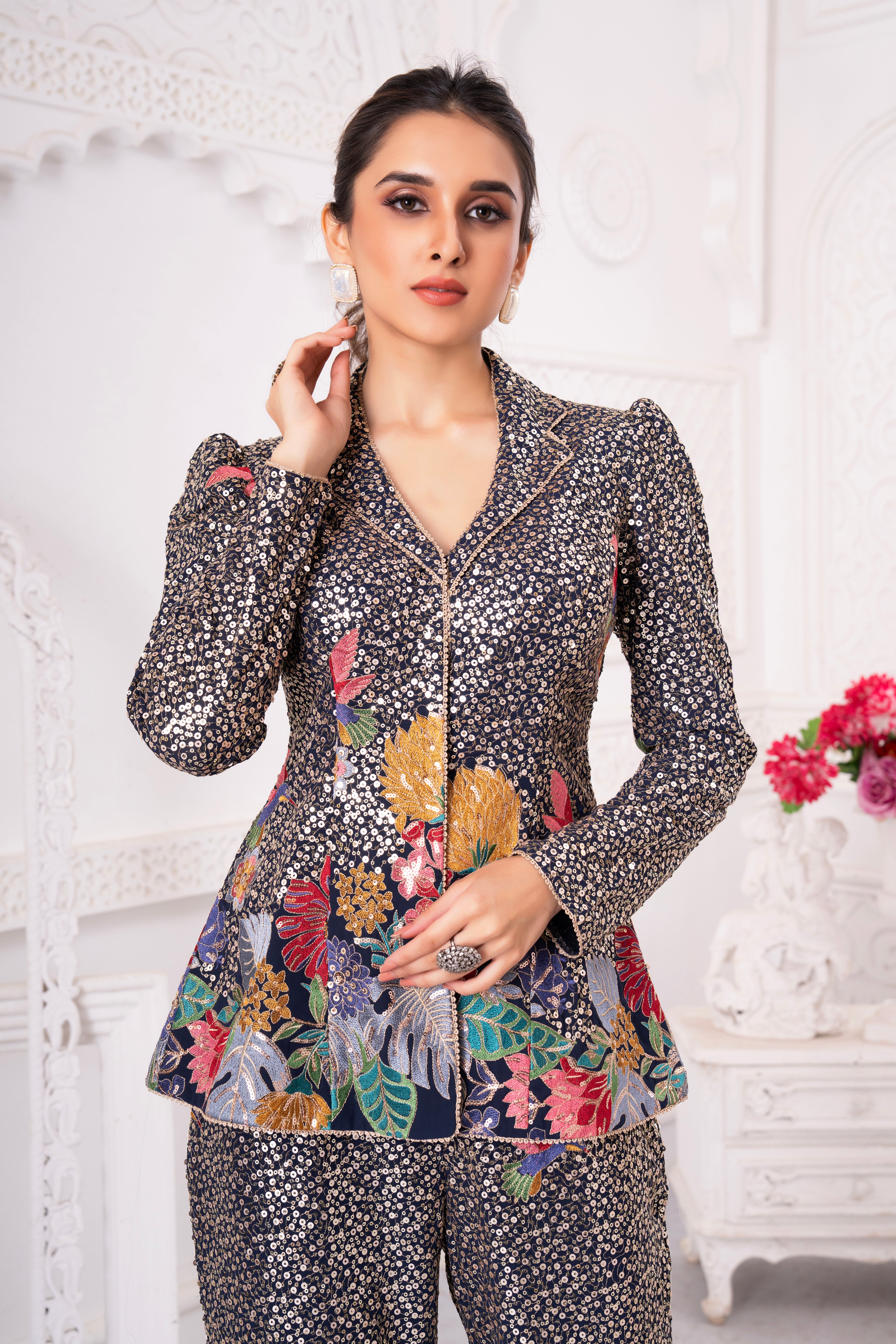 Starry Night Floral Handwork Blazer Co-Ord Set