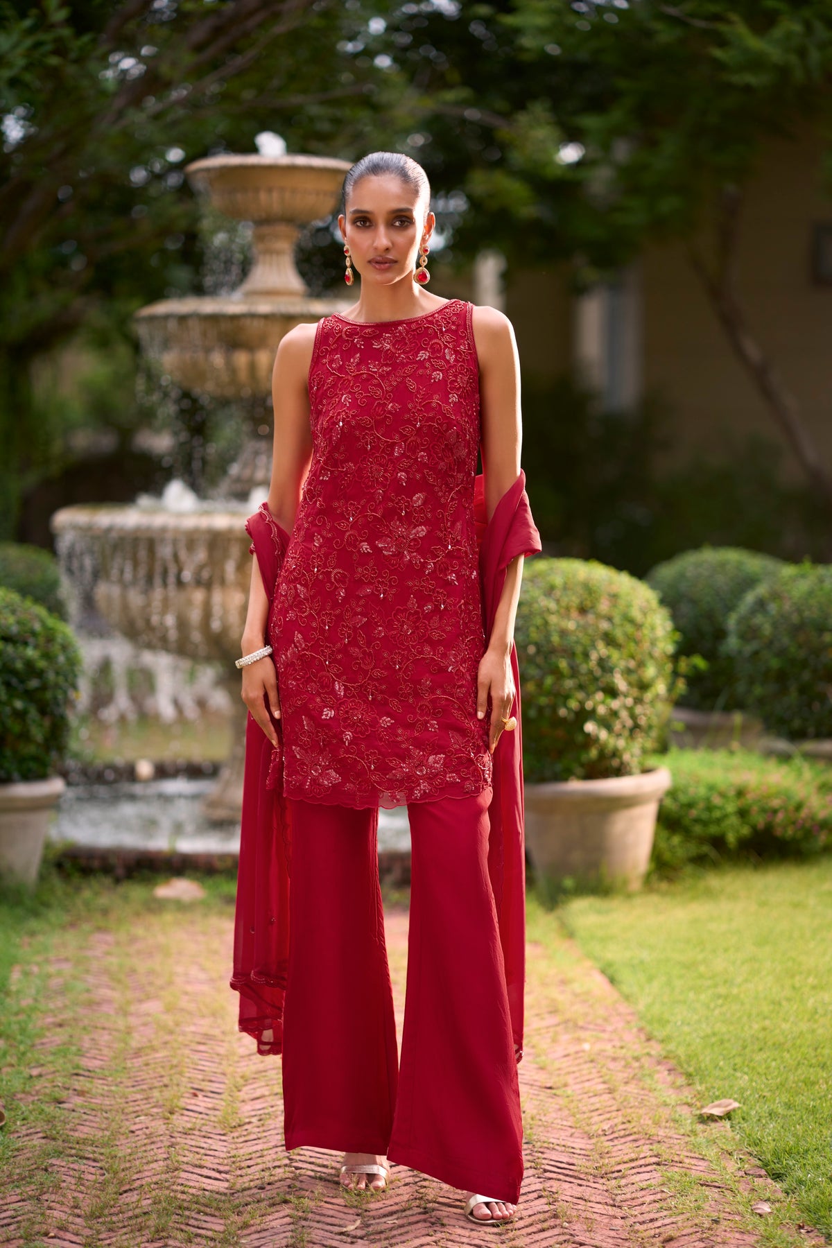 Crimson Red Embellished Georgette Silk Palazzo Set