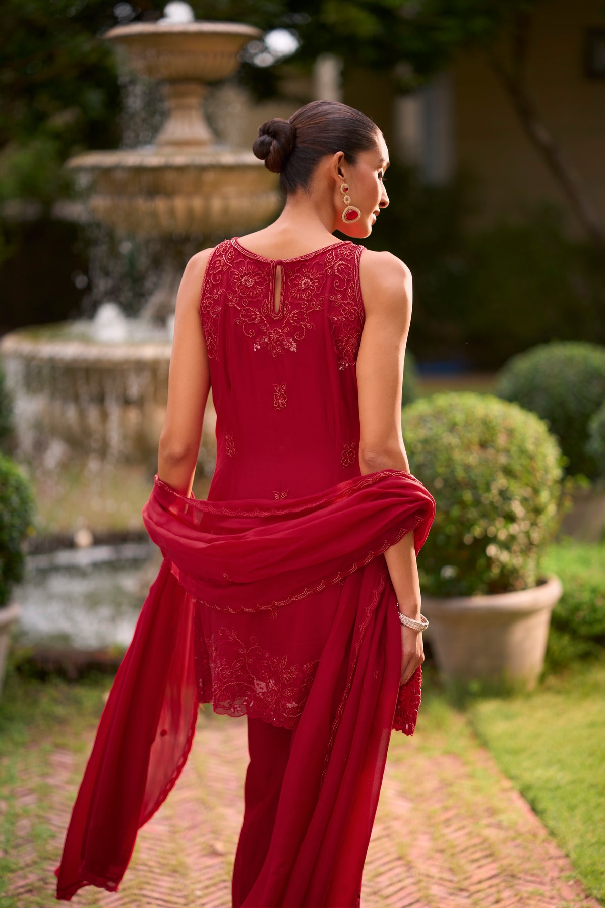 Crimson Red Embellished Georgette Silk Palazzo Set