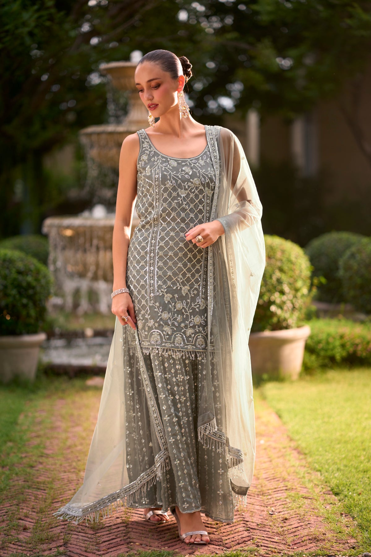 Slate Grey Embellished Georgette Silk Palazzo Set