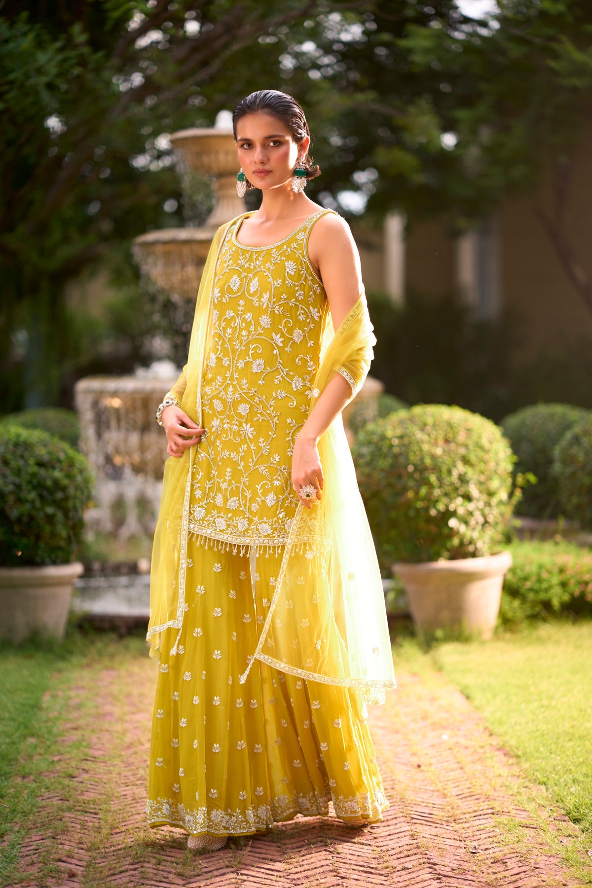 Citrus Yellow Embellished Georgette Silk Palazzo Set