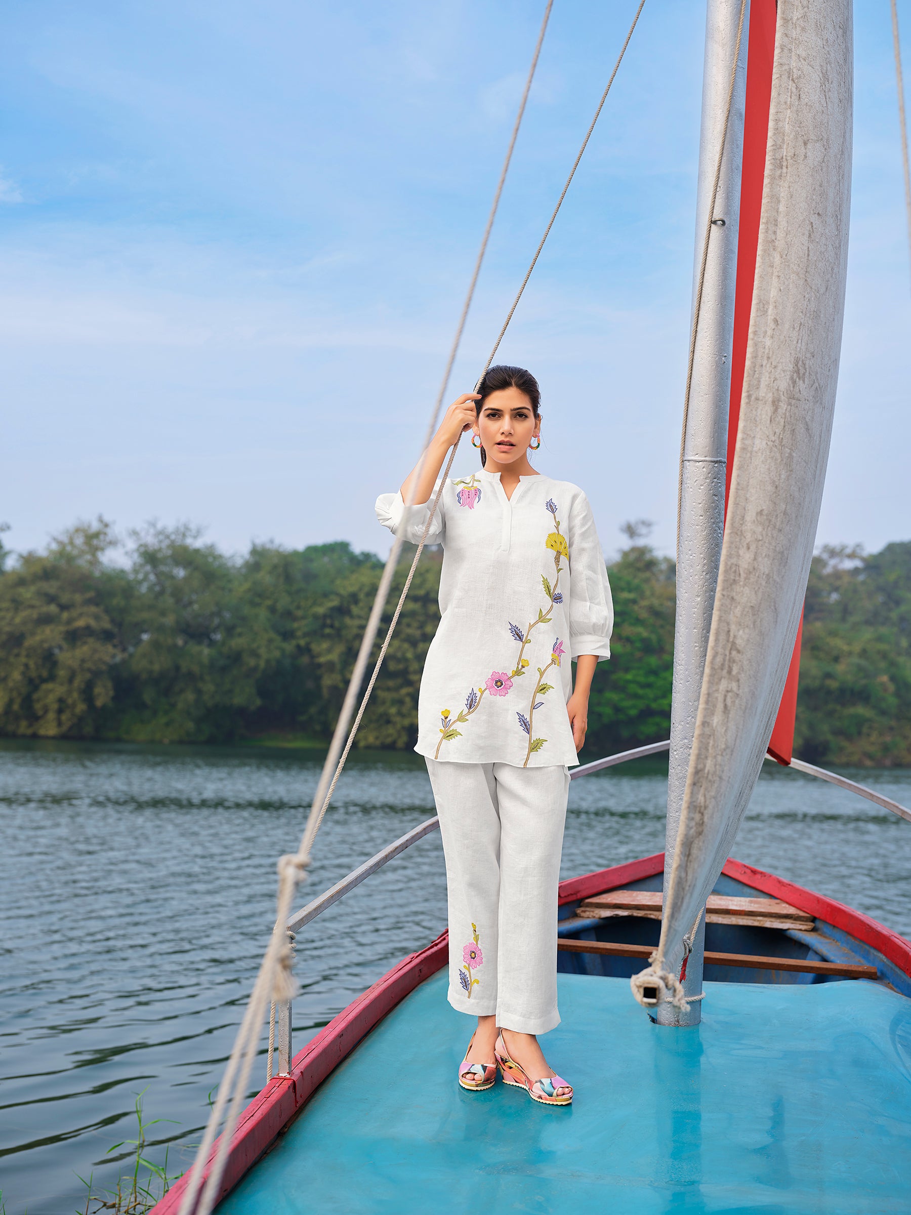 Pure White Floral Embroidered Linen Co-ord Set