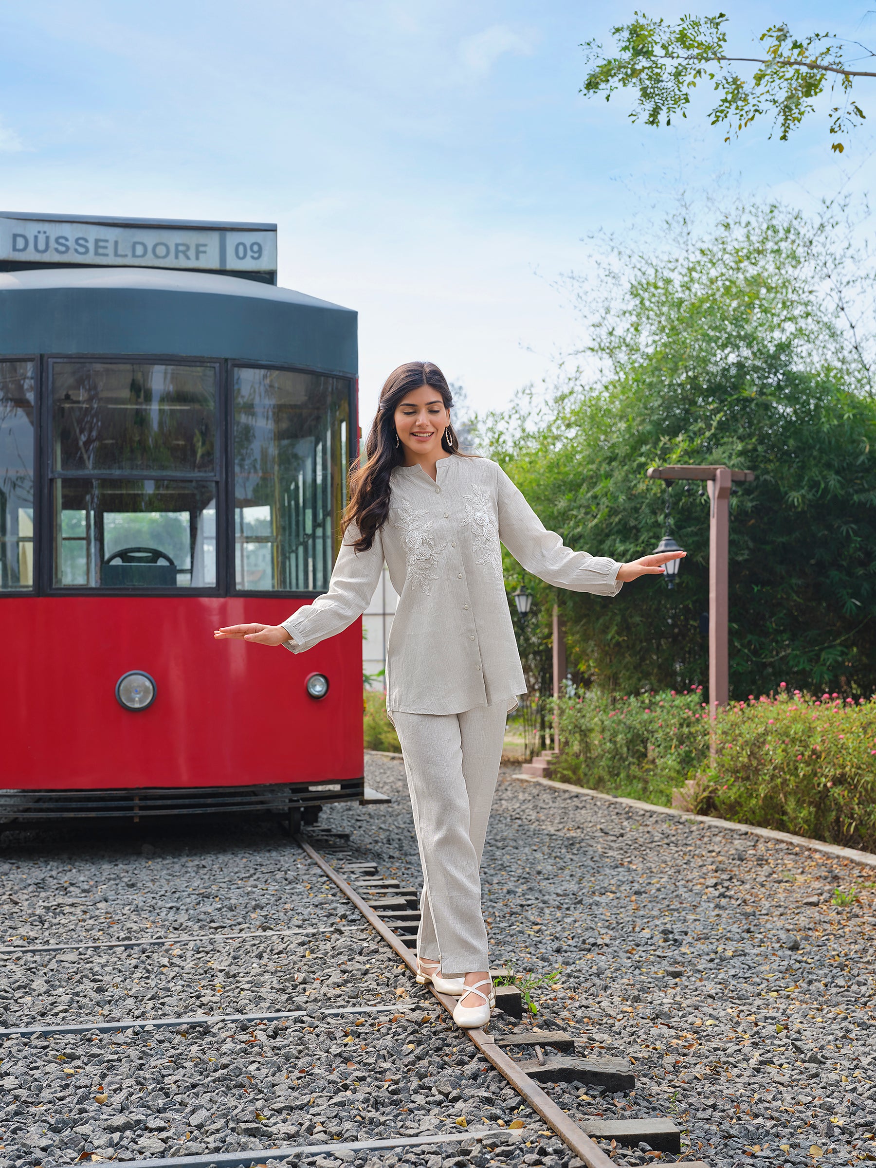 Oatmeal Beige Floral Embroidered Linen Co-ord Set