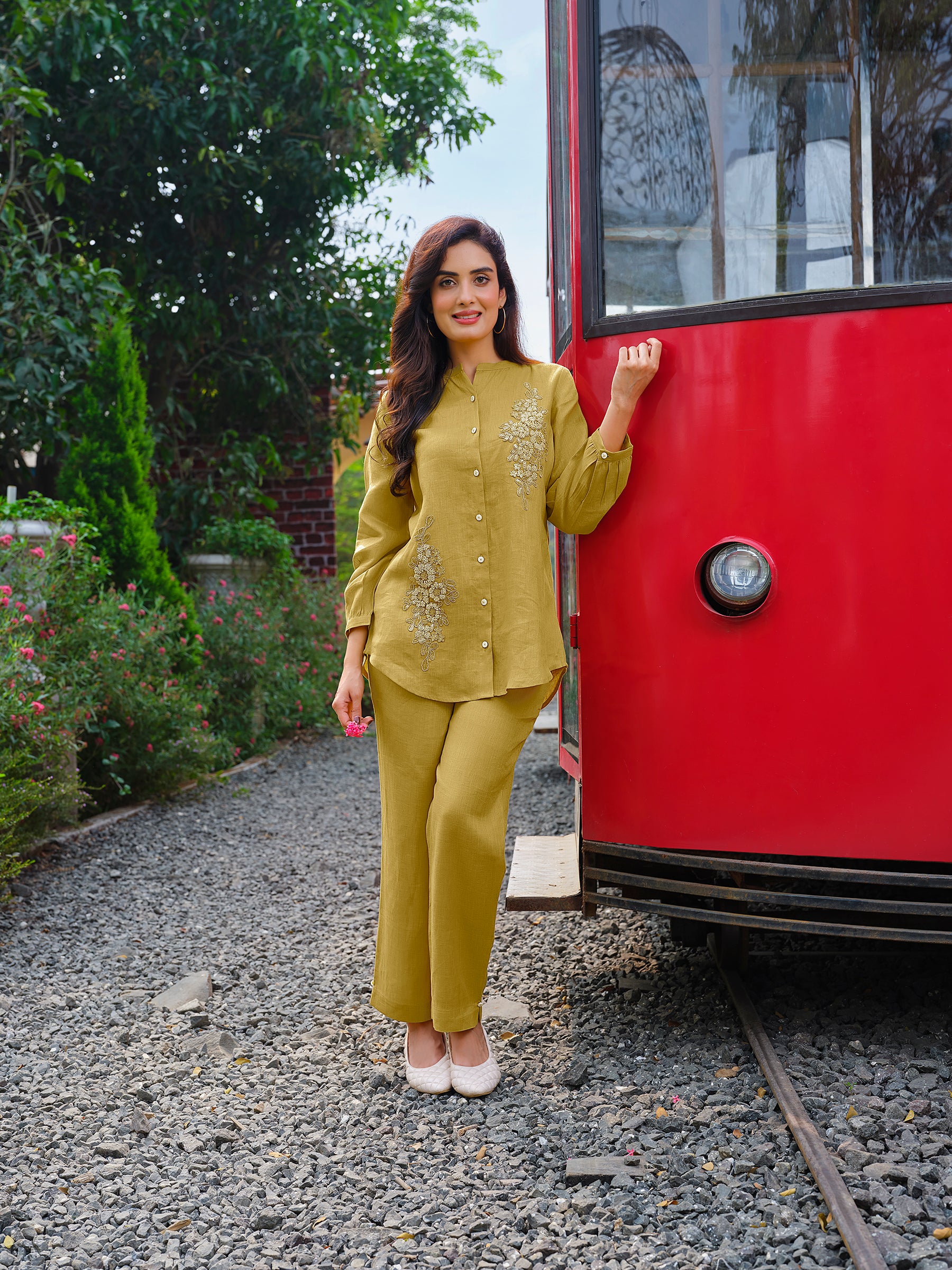 Muted Mustard Floral Embroidered Linen Co-ord Set