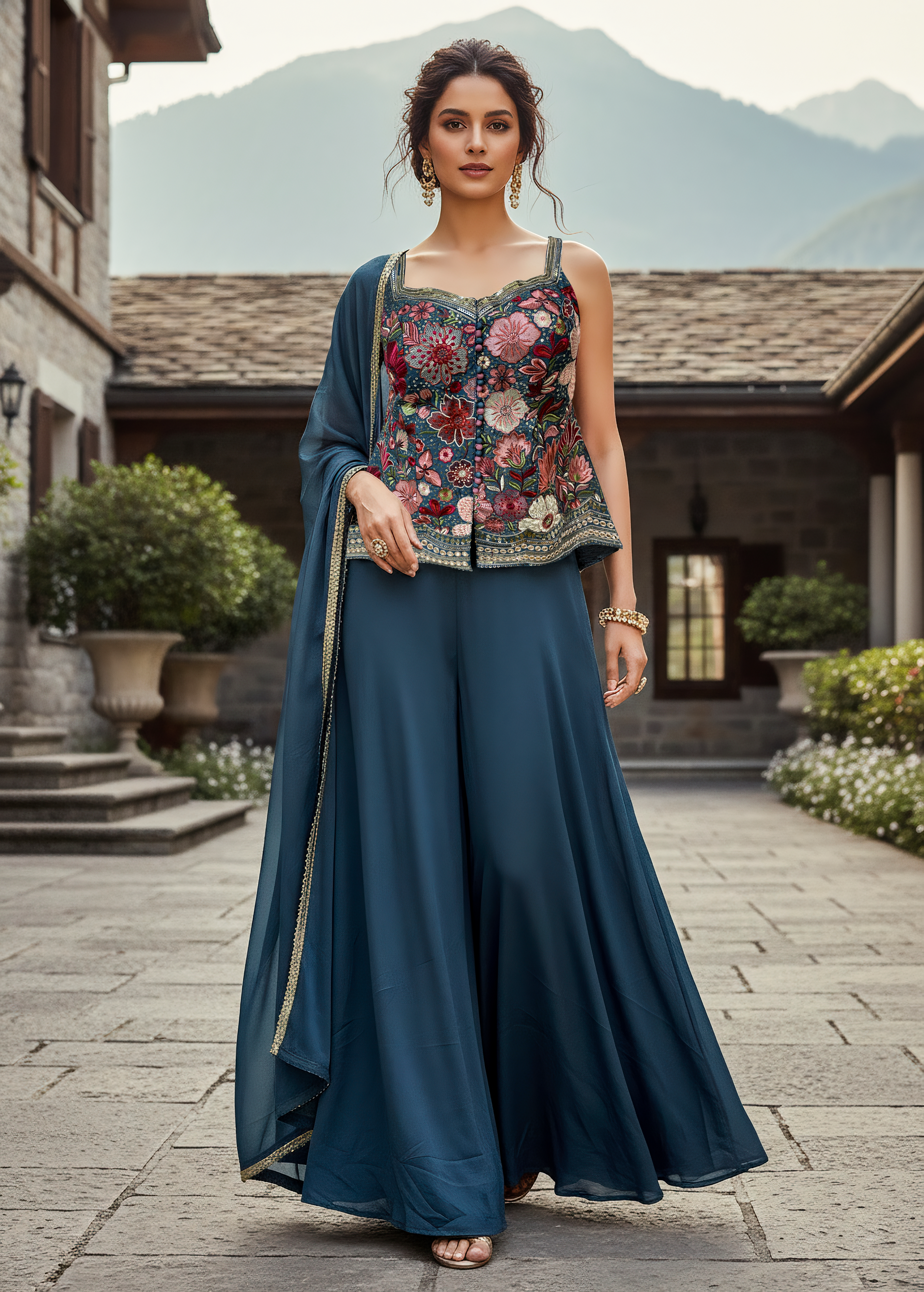 Slate Blue Embellished Chinon Silk Palazzo Set
