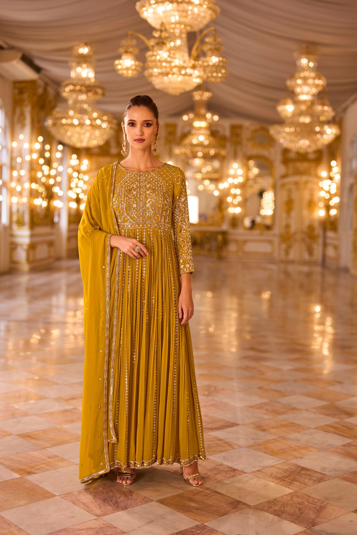 Mustard Gold Embellished Georgette Silk Anarkali Set