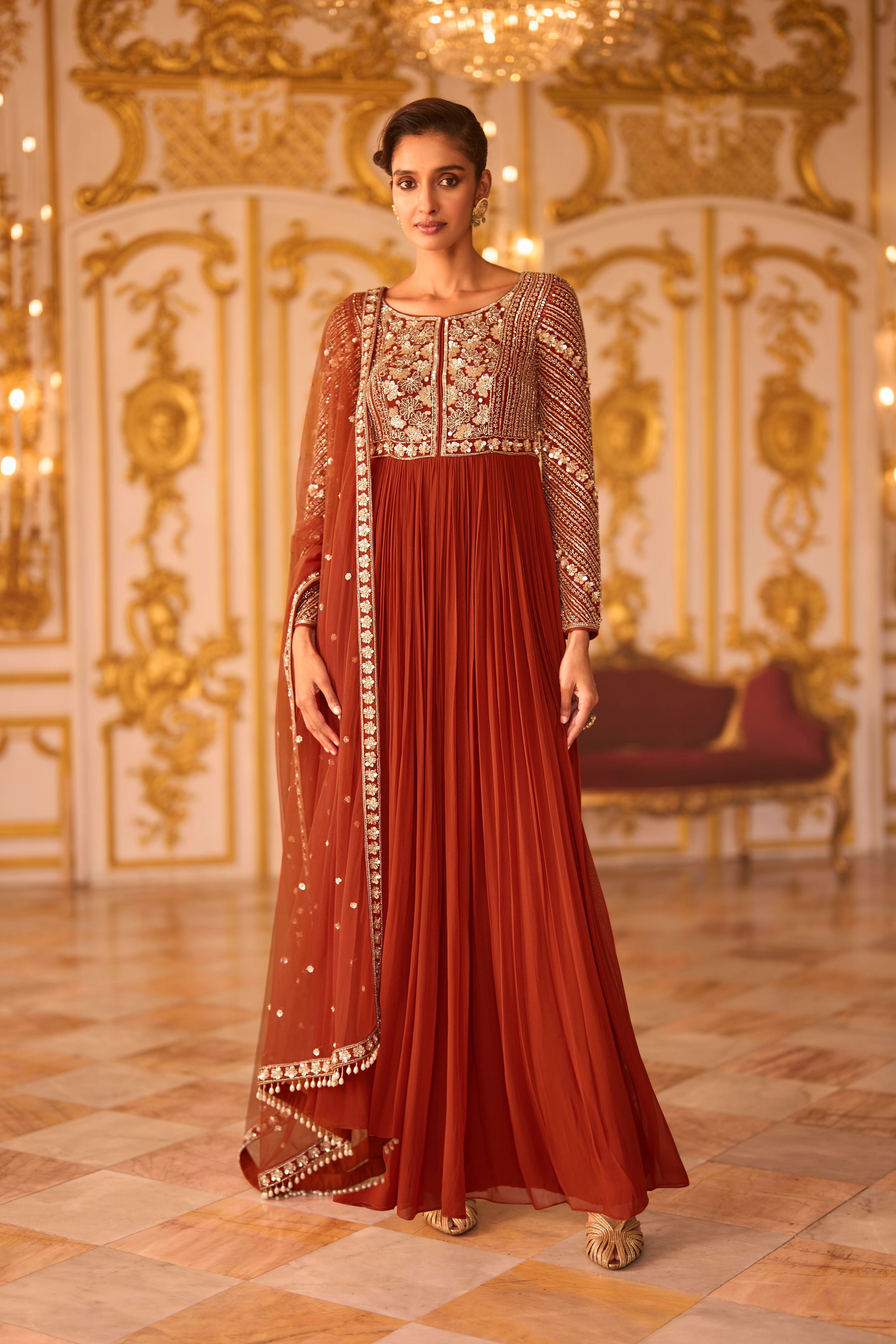 Rust Red Embellished Premium Silk Anarkali Set