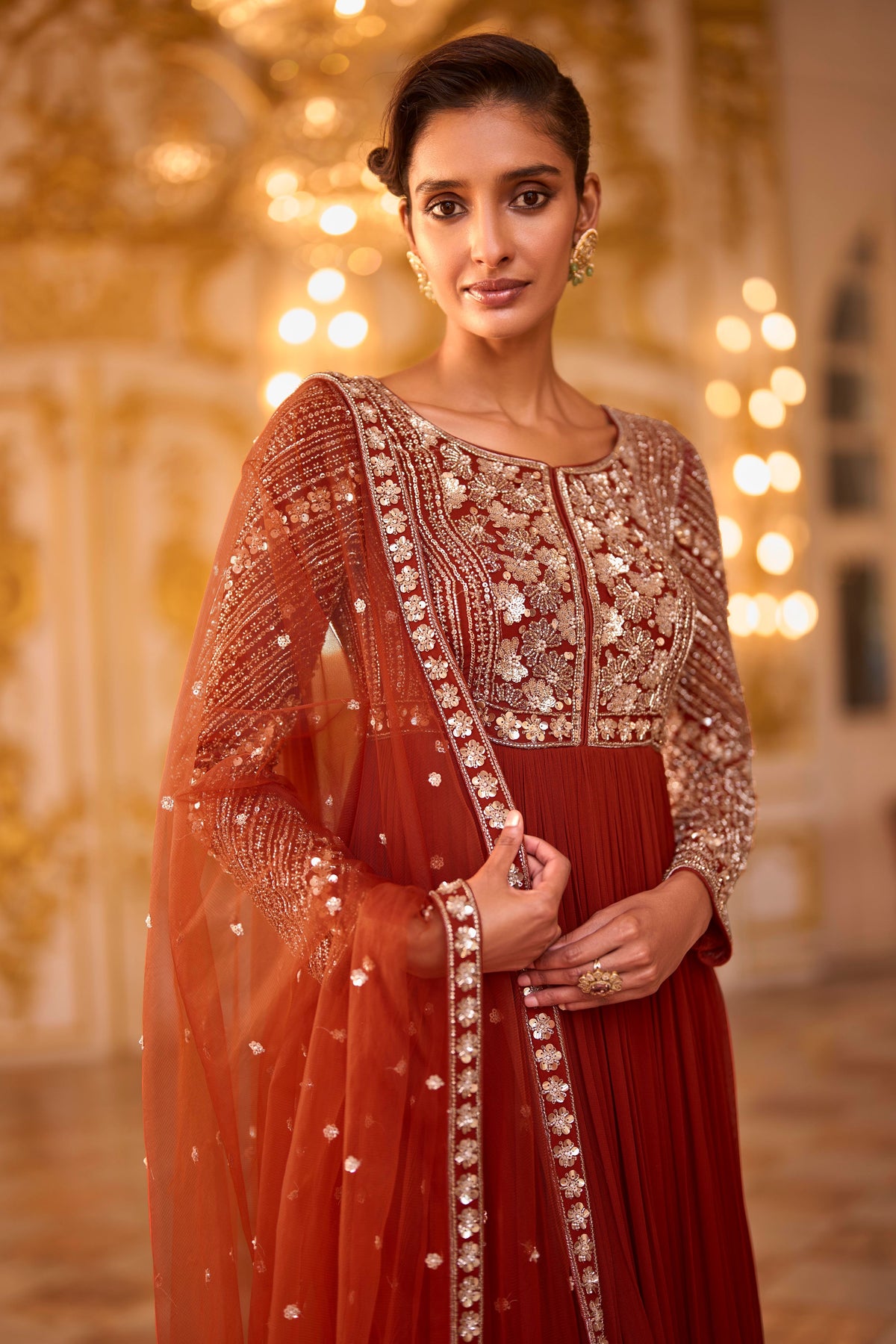 Rust Red Embellished Premium Silk Anarkali Set