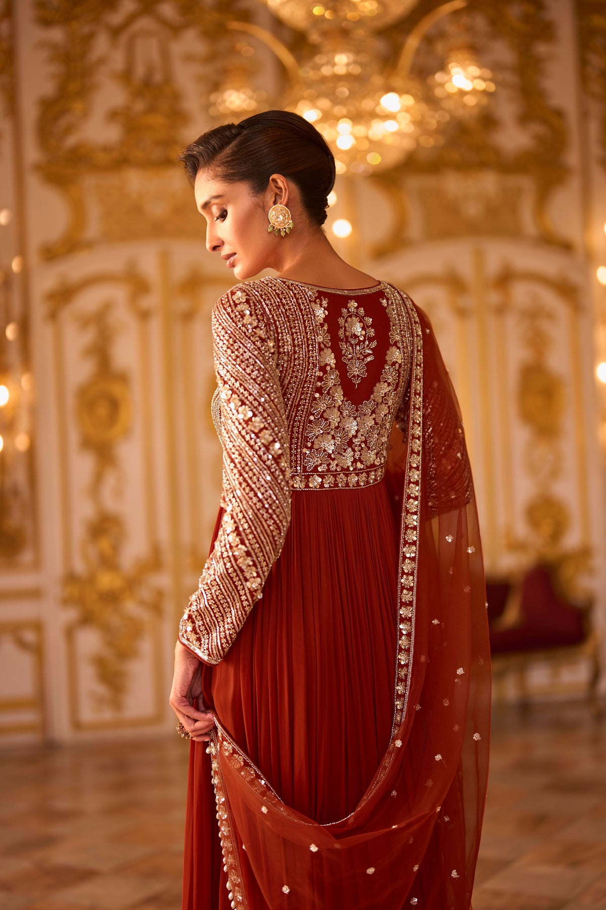 Rust Red Embellished Premium Silk Anarkali Set