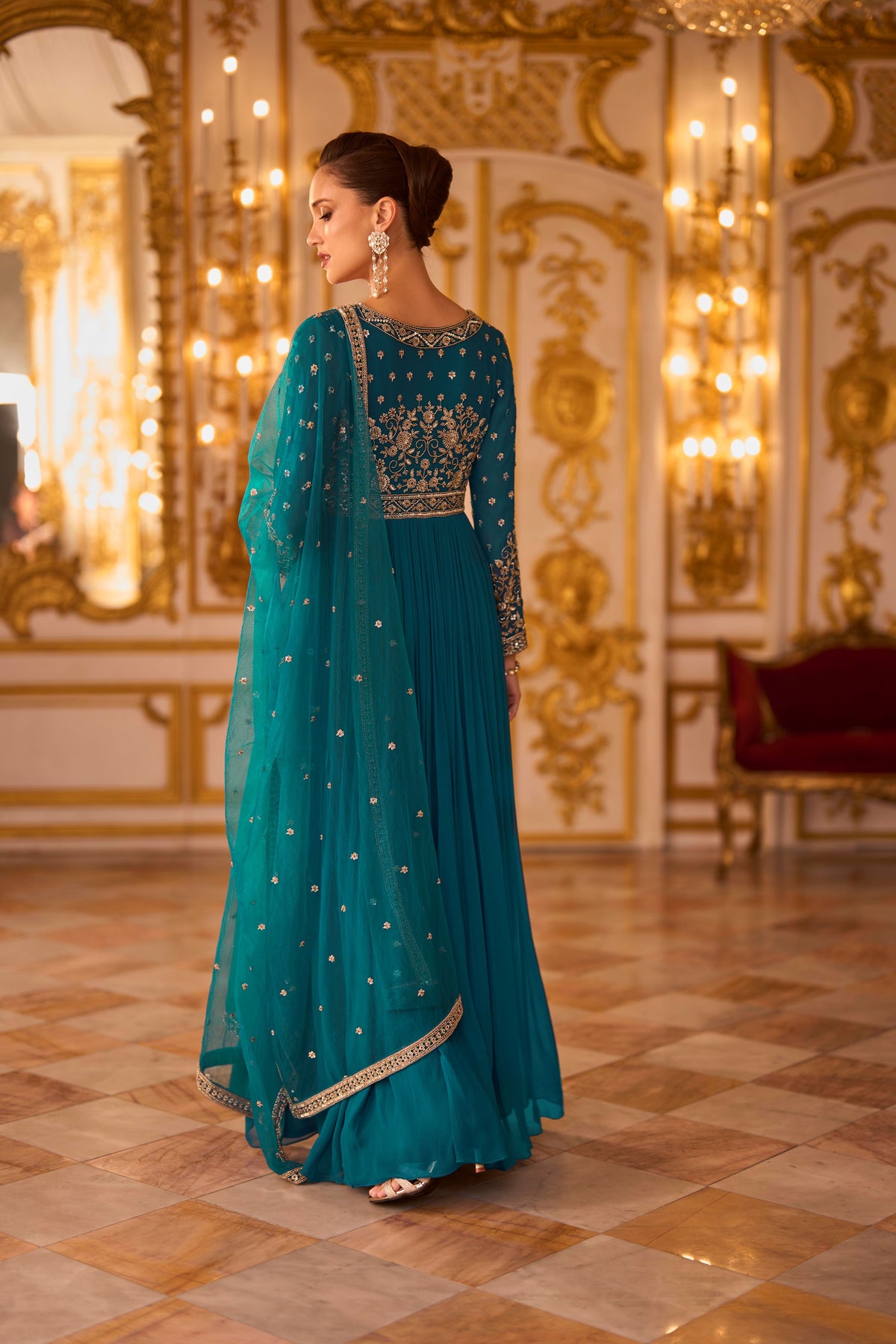 Ocean Blue Embellished Georgette Silk Anarkali Set