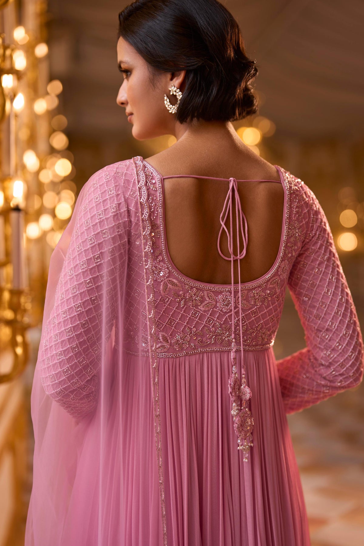 Rose Pink Embellished Georgette Silk Anarkali Set