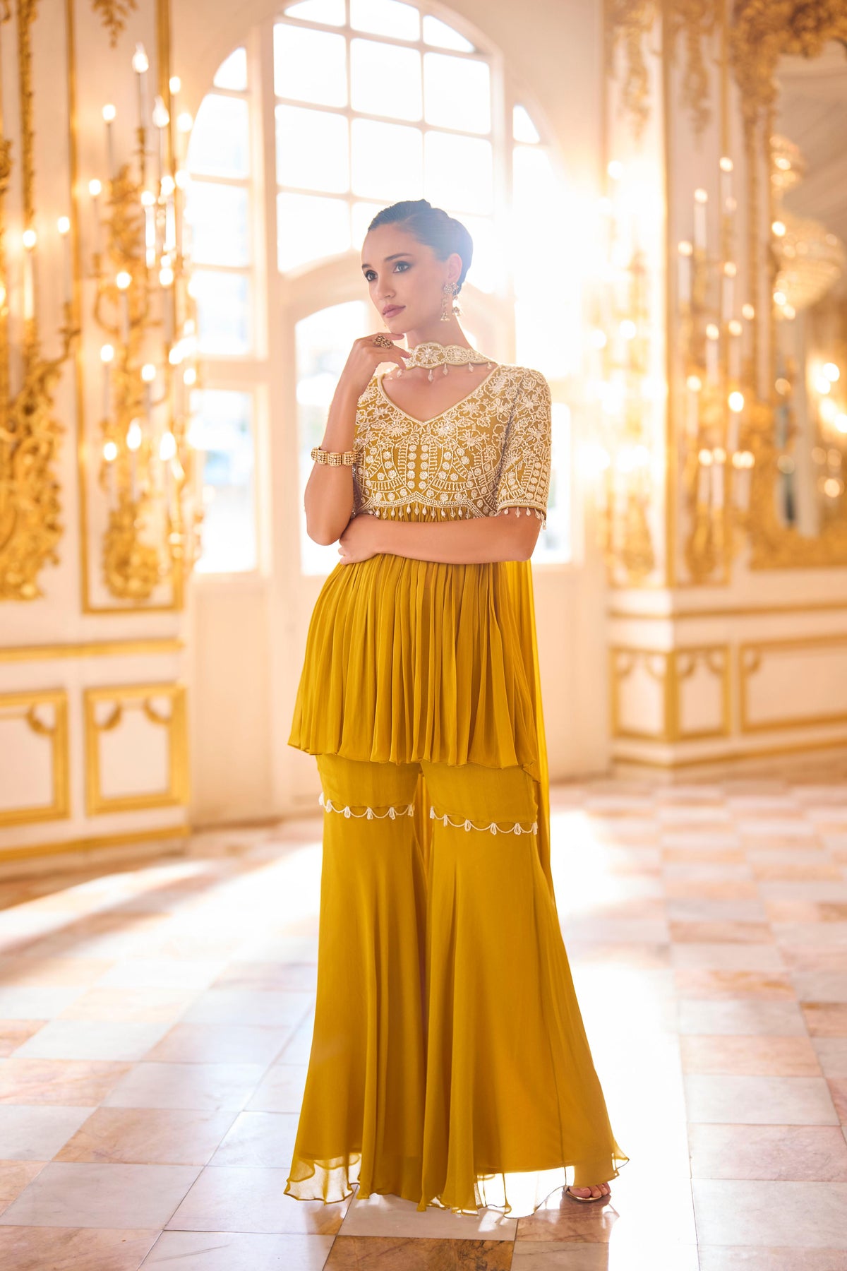 Sunshine Yellow Embellished Chinon Silk Sharara Set