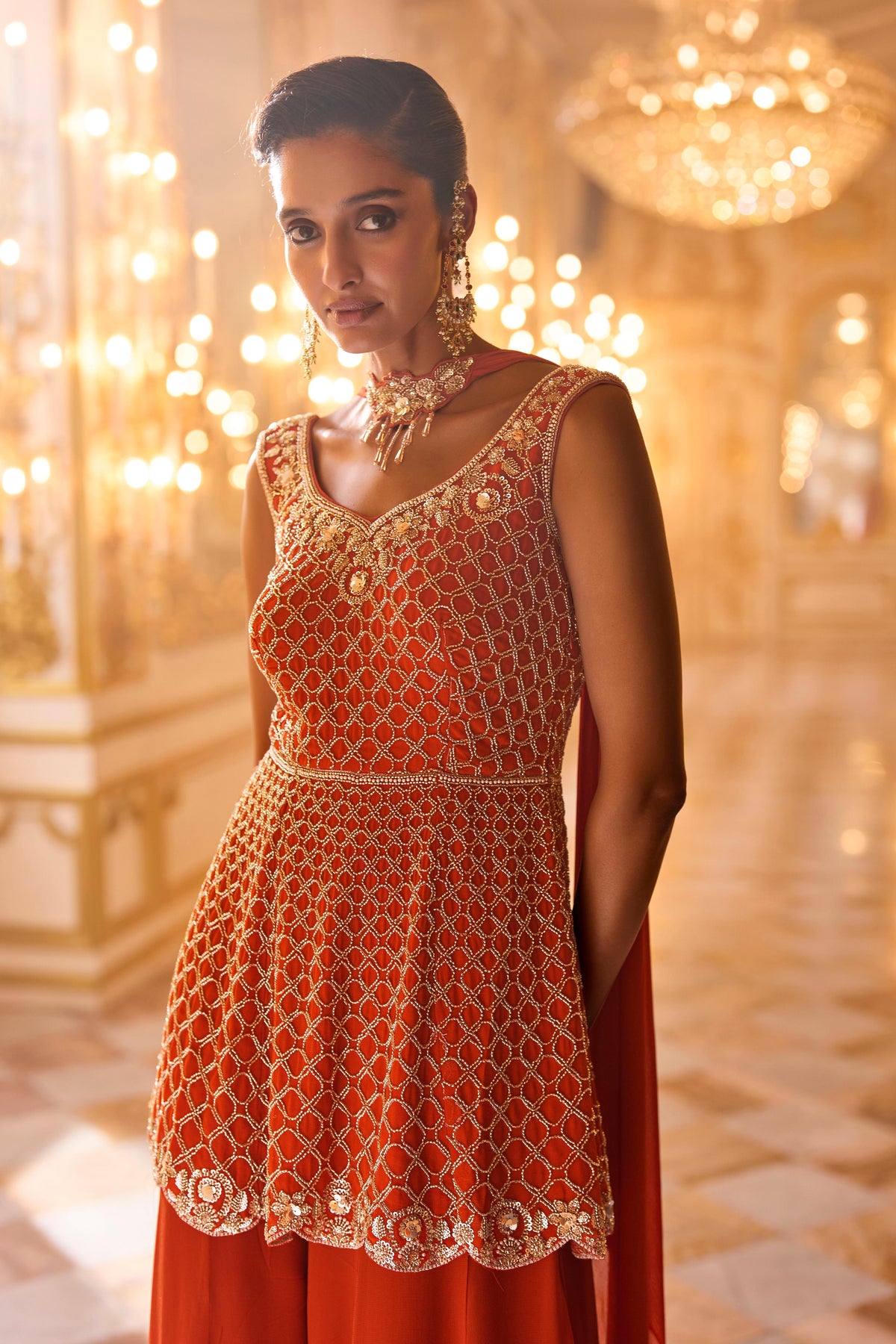 Terracotta Coral Embellished Georgette Silk Palazzo Set