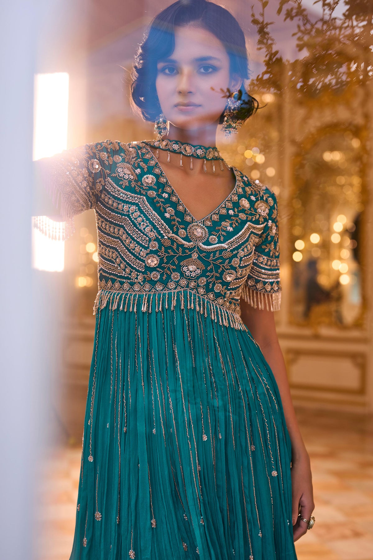 Cyan Peacock Blue Embellished Chinon Silk Palazzo Set