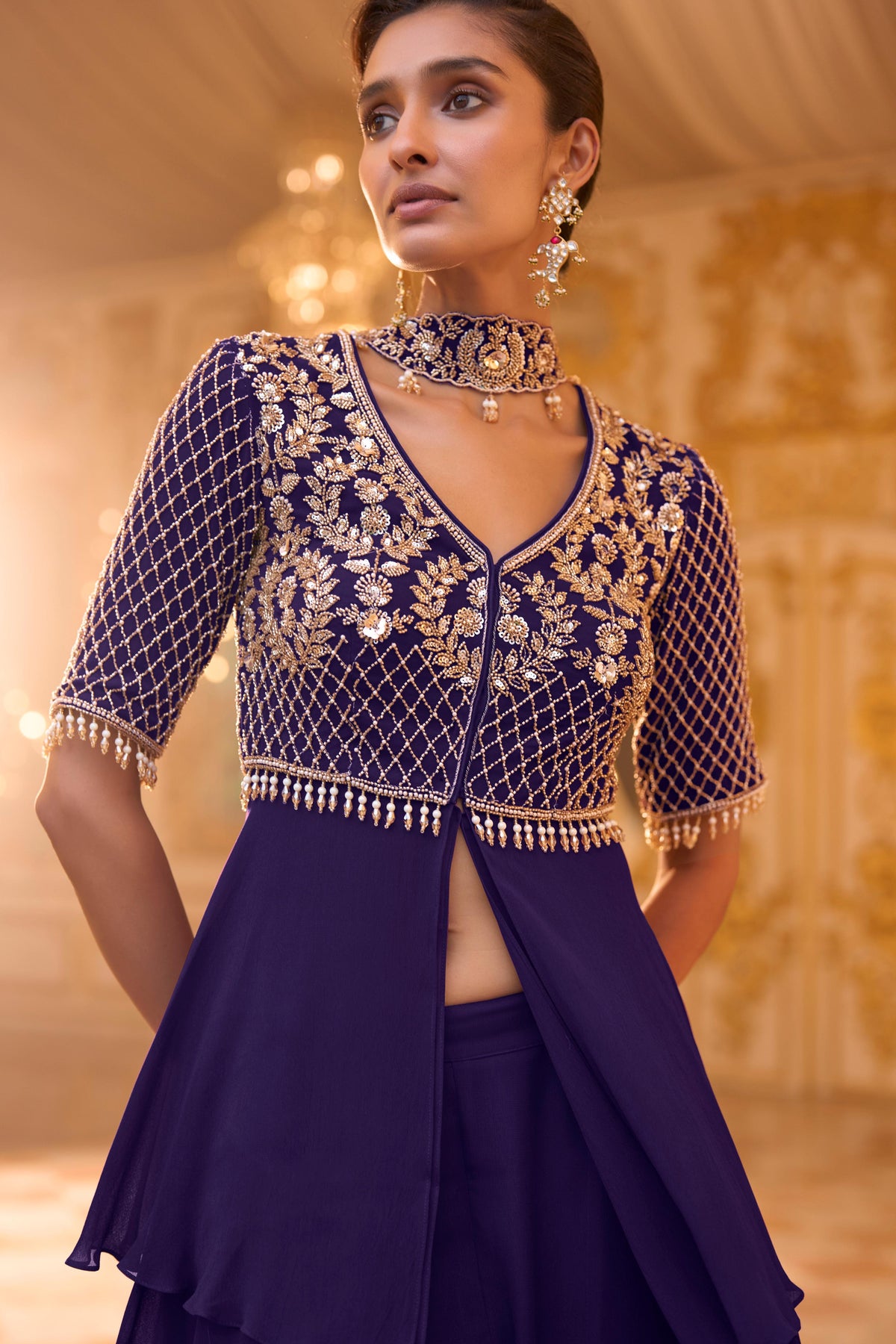 Midnight Purple Embellished Georgette Silk Palazzo Set