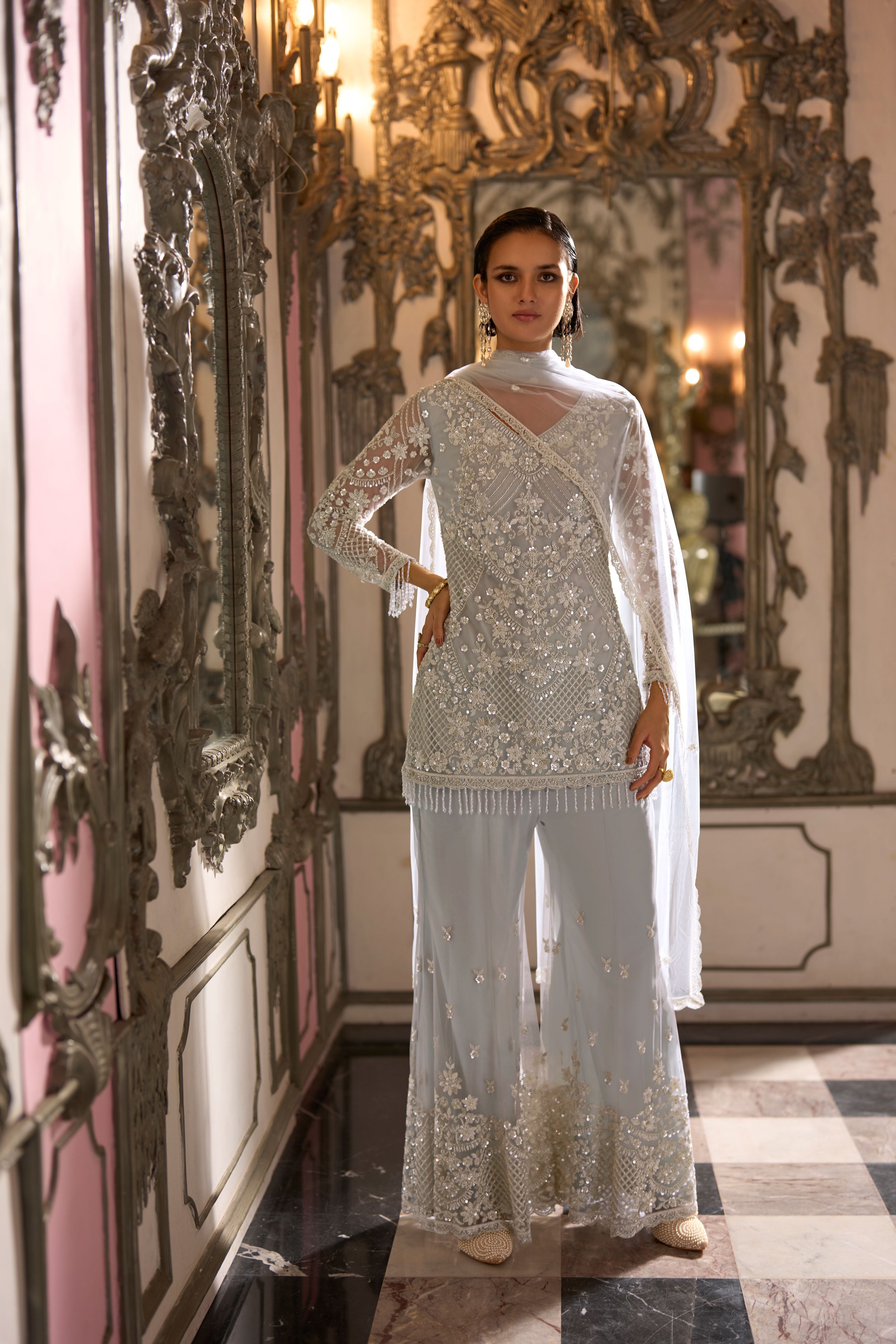 Ice Silver Embellished Premium Net Palazzo Set