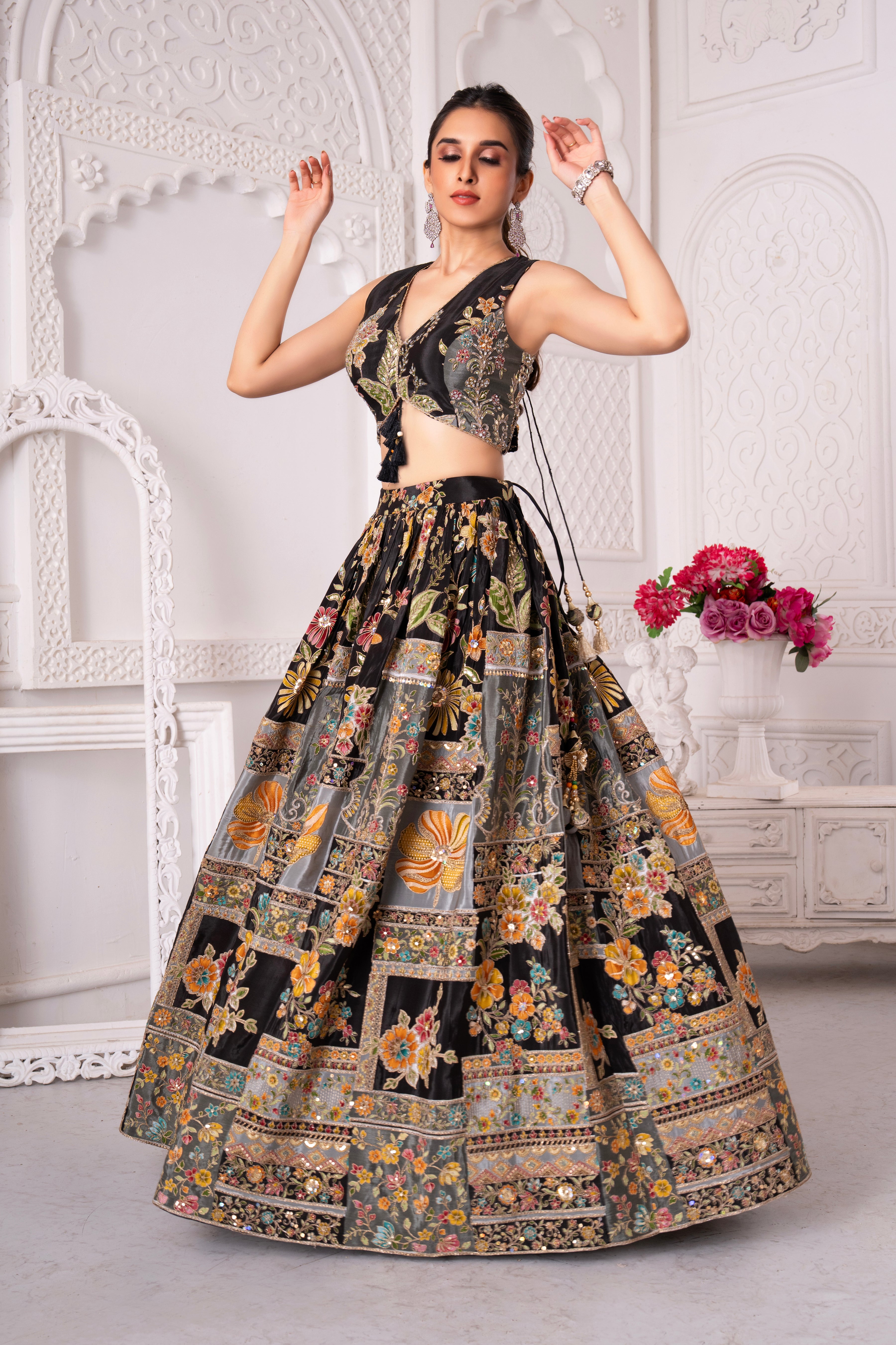 Floral Black Golden Craft Lehenga Set