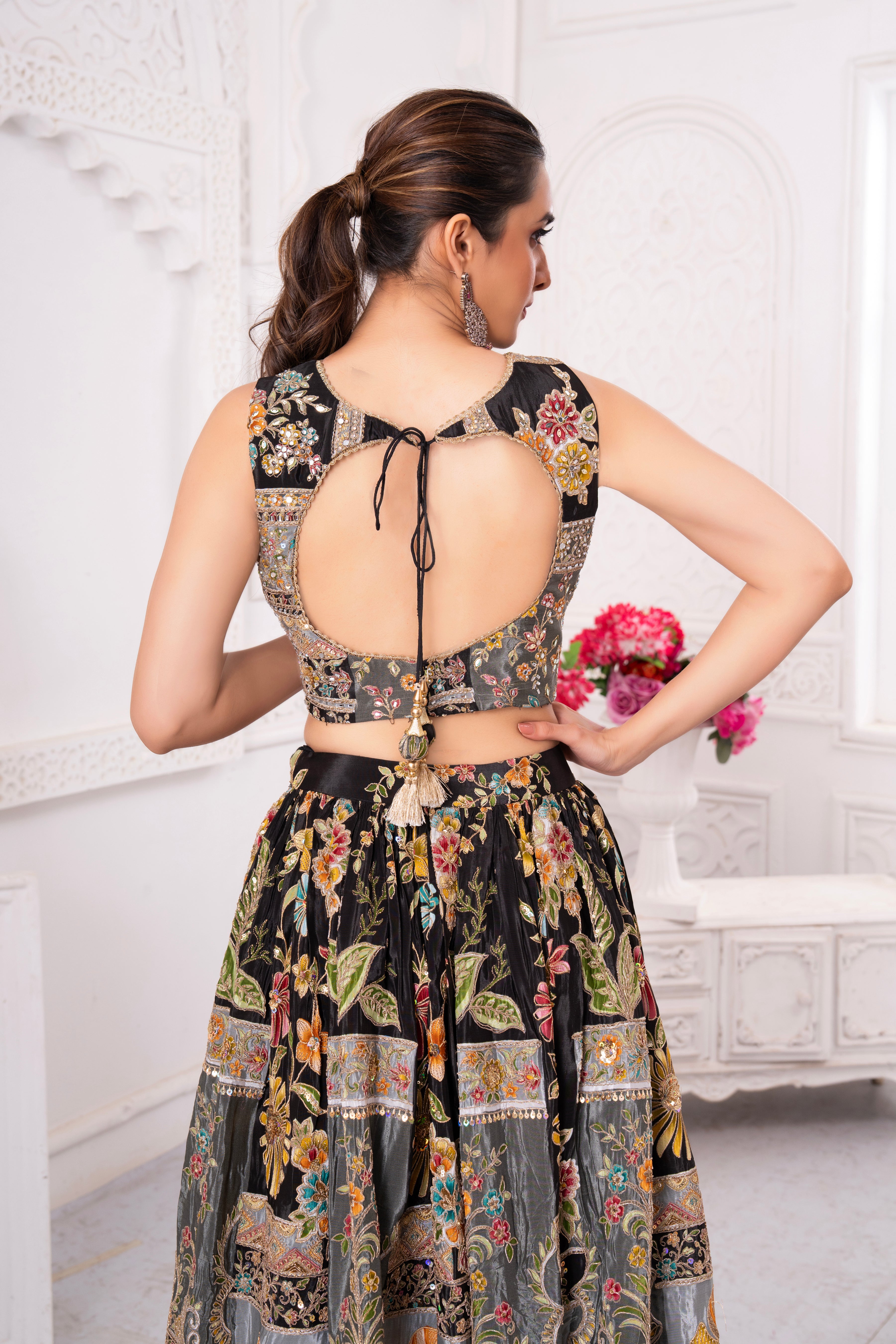 Floral Black Golden Craft Lehenga Set