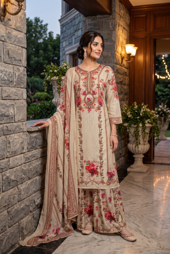Oatmeal Red Embellished Crepe Silk Sharara Set