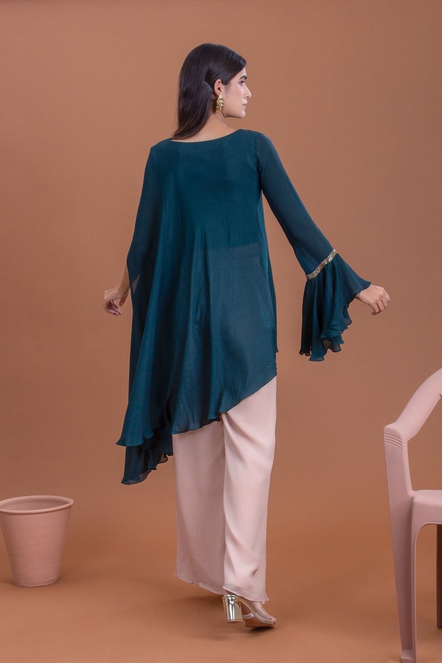 Teal Georgette Embellished Flared Top With Palazzo Set