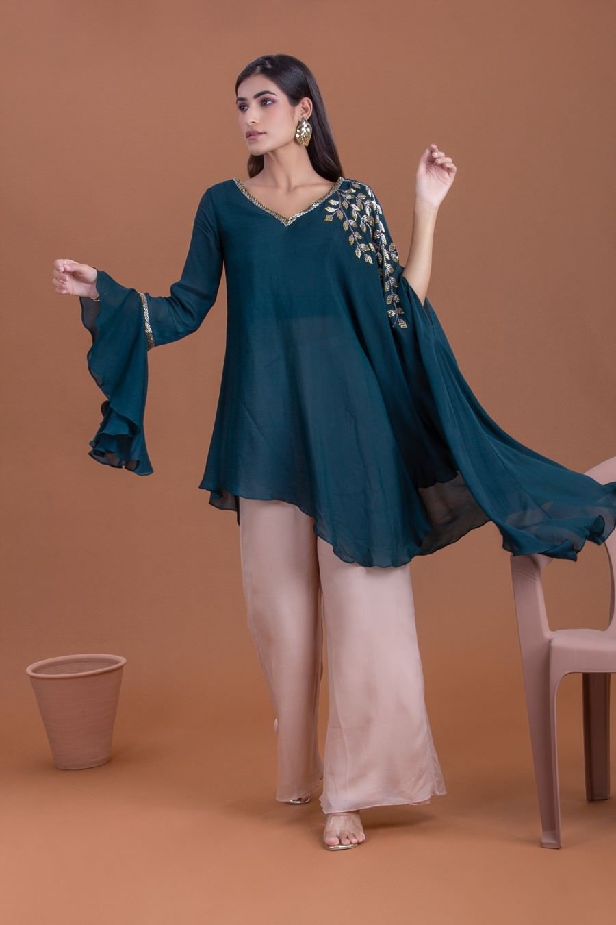 Teal Georgette Embellished Flared Top With Palazzo Set