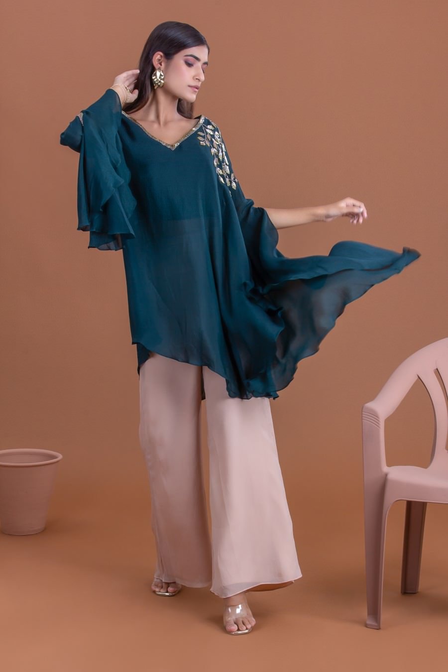 Teal Georgette Embellished Flared Top With Palazzo Set