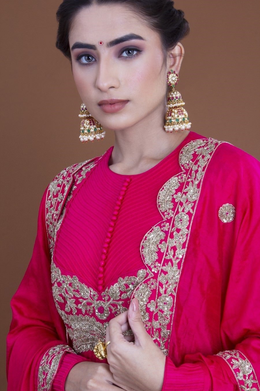 Rani Pink Crepe Silk Long Dress And Dupatta Set