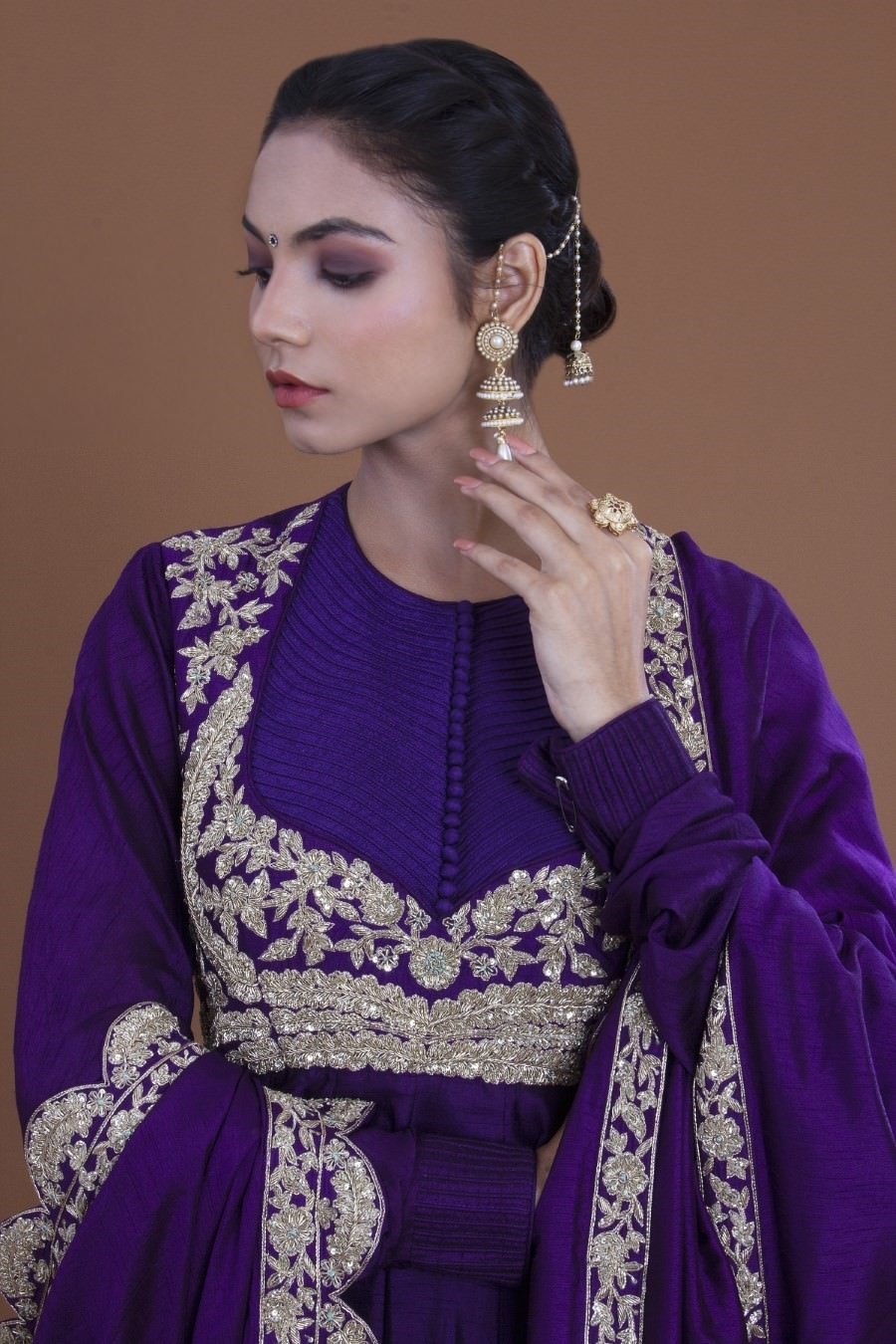 Purple Crepe Silk Long Dress And Dupatta Set