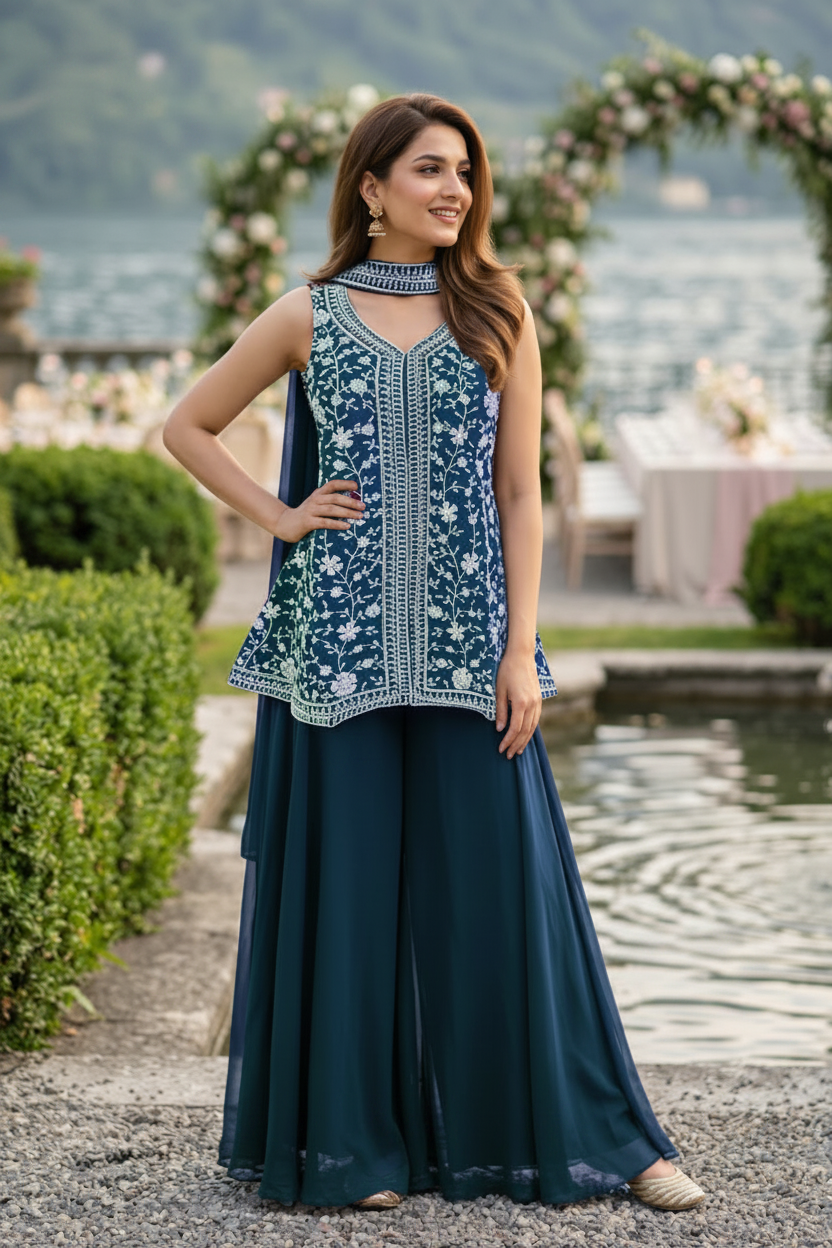 Deep Teal Blue Embellished Georgette Silk Palazzo Set