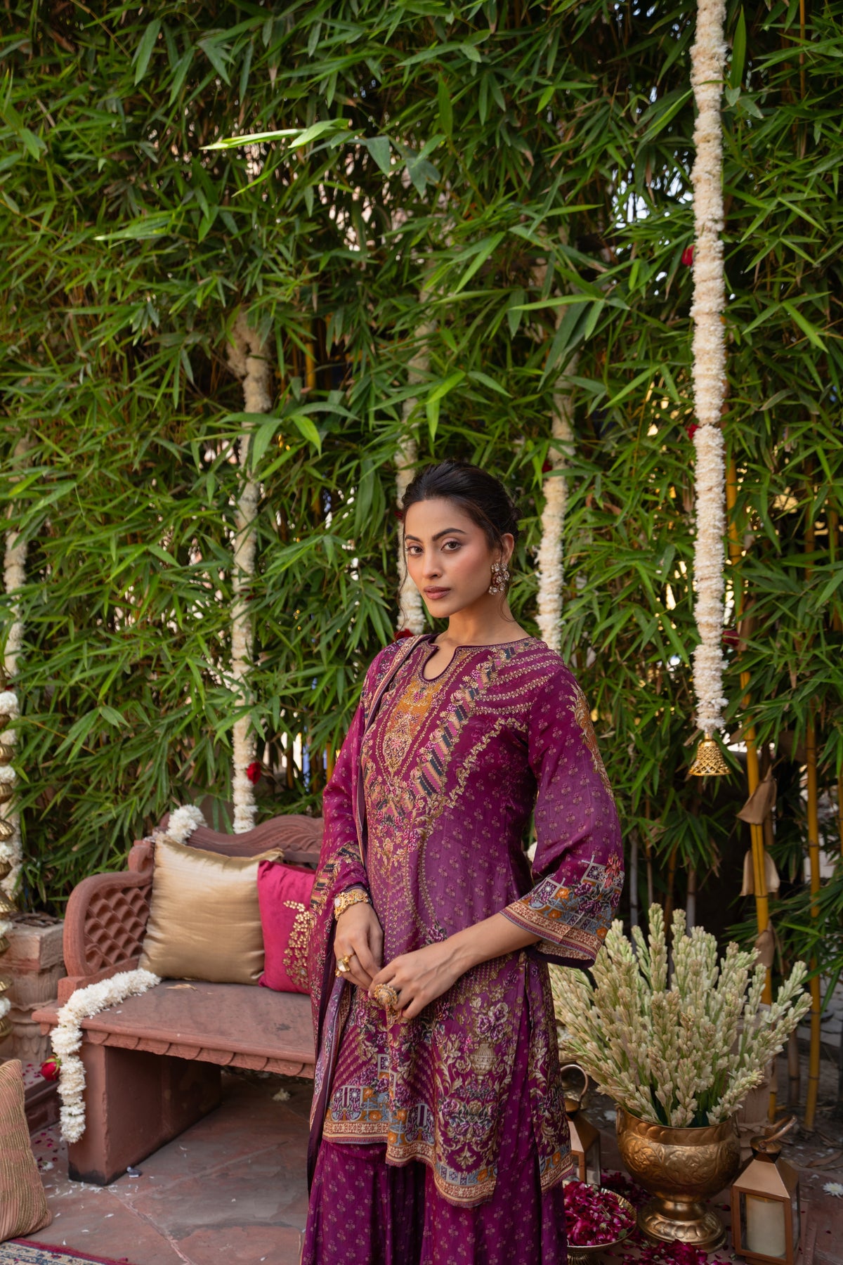 Rich Wine Purple Embellished Crepe Silk Sharara Set