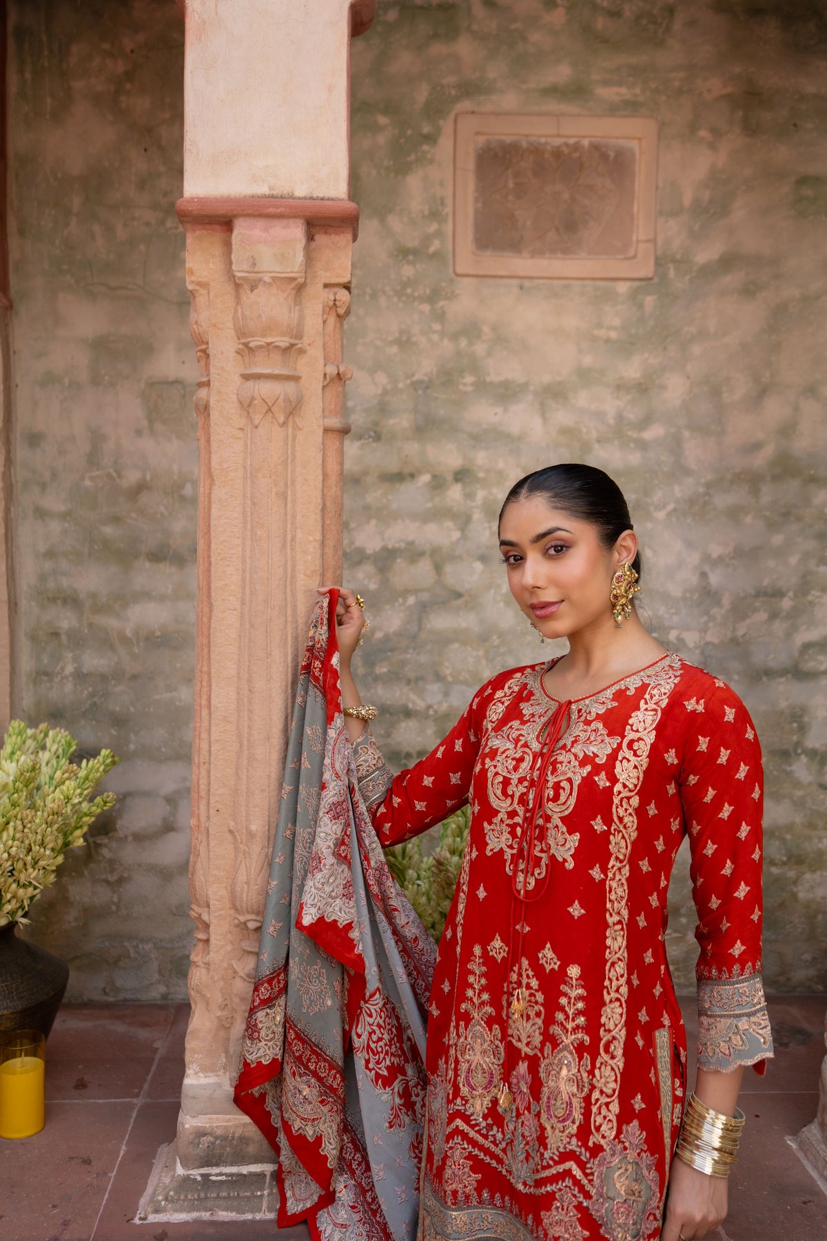 Elegant Rust Orange Embellished Crepe Silk Sharara Set