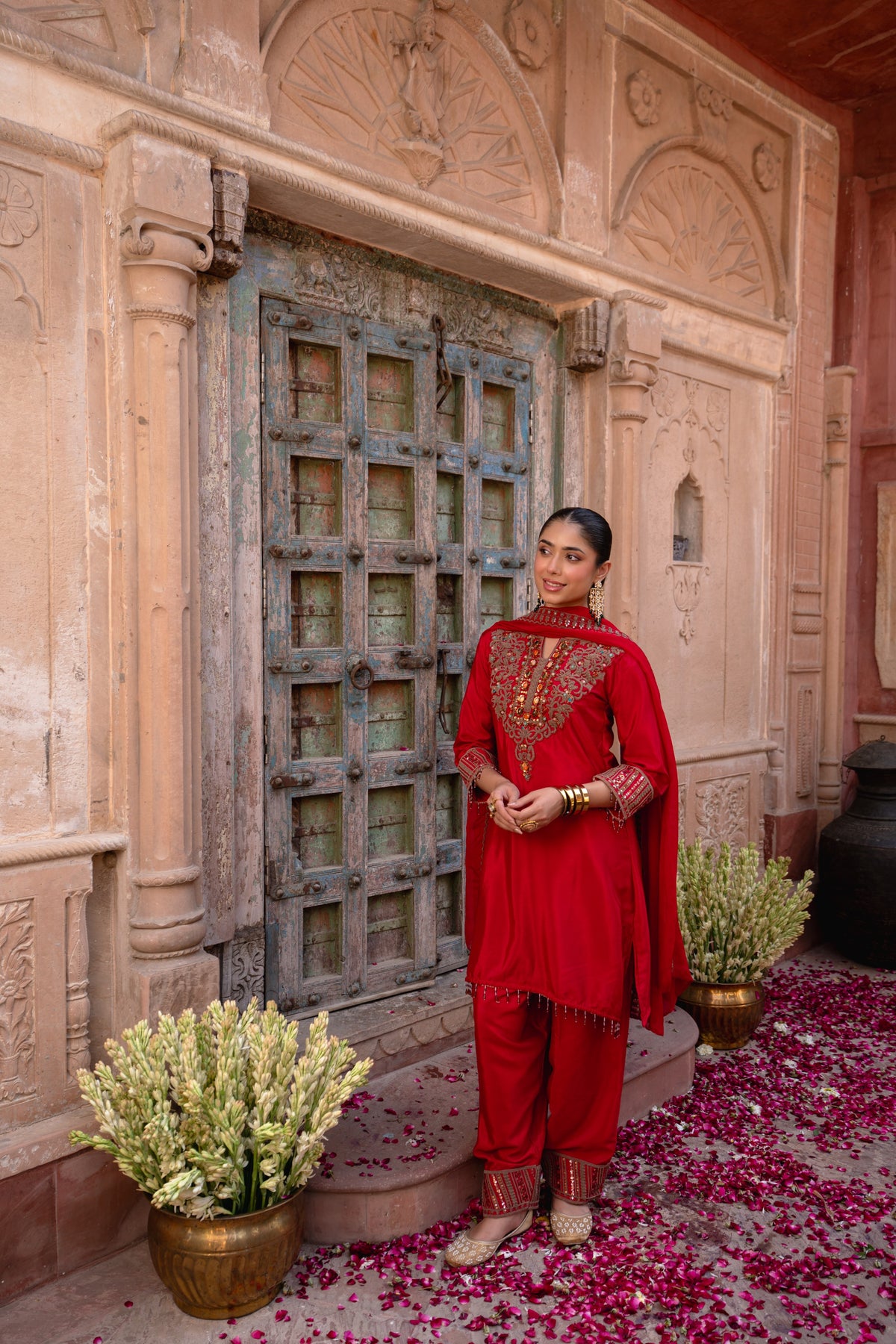 Regal Red Embellished Dola Silk Salwar Suit