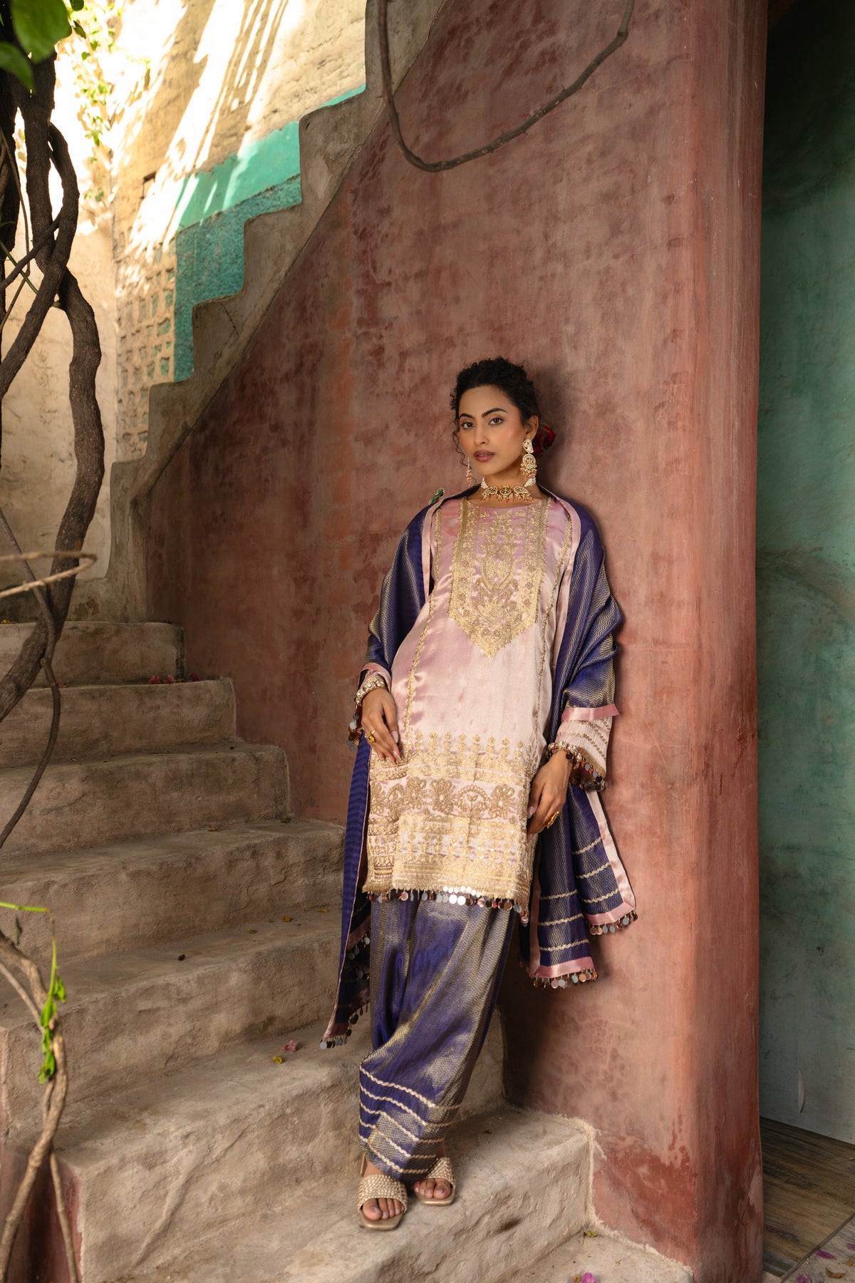 Rose Gold Embellished Tussar Silk Salwar Suit