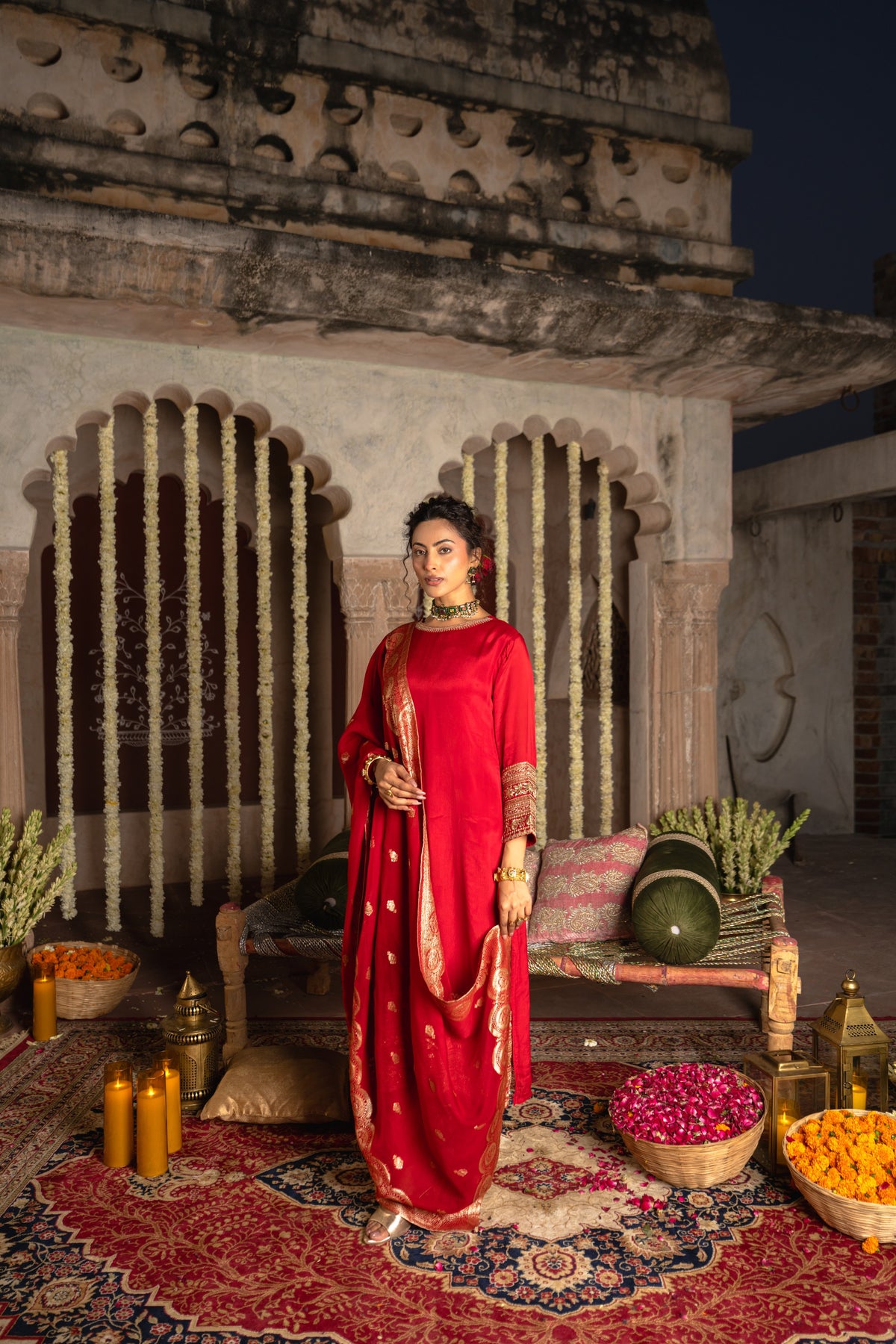 Crimson Red Embellished Tissue Silk Pant Set