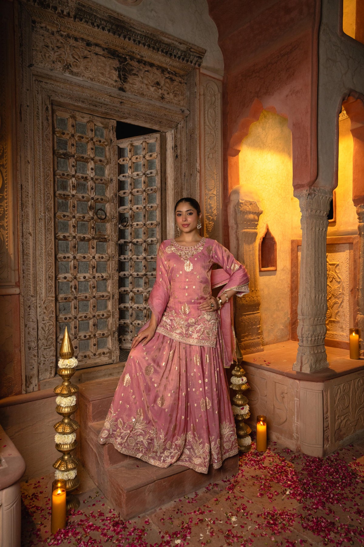 Baby Pink Embellished Shimmer Silk Skirt Set