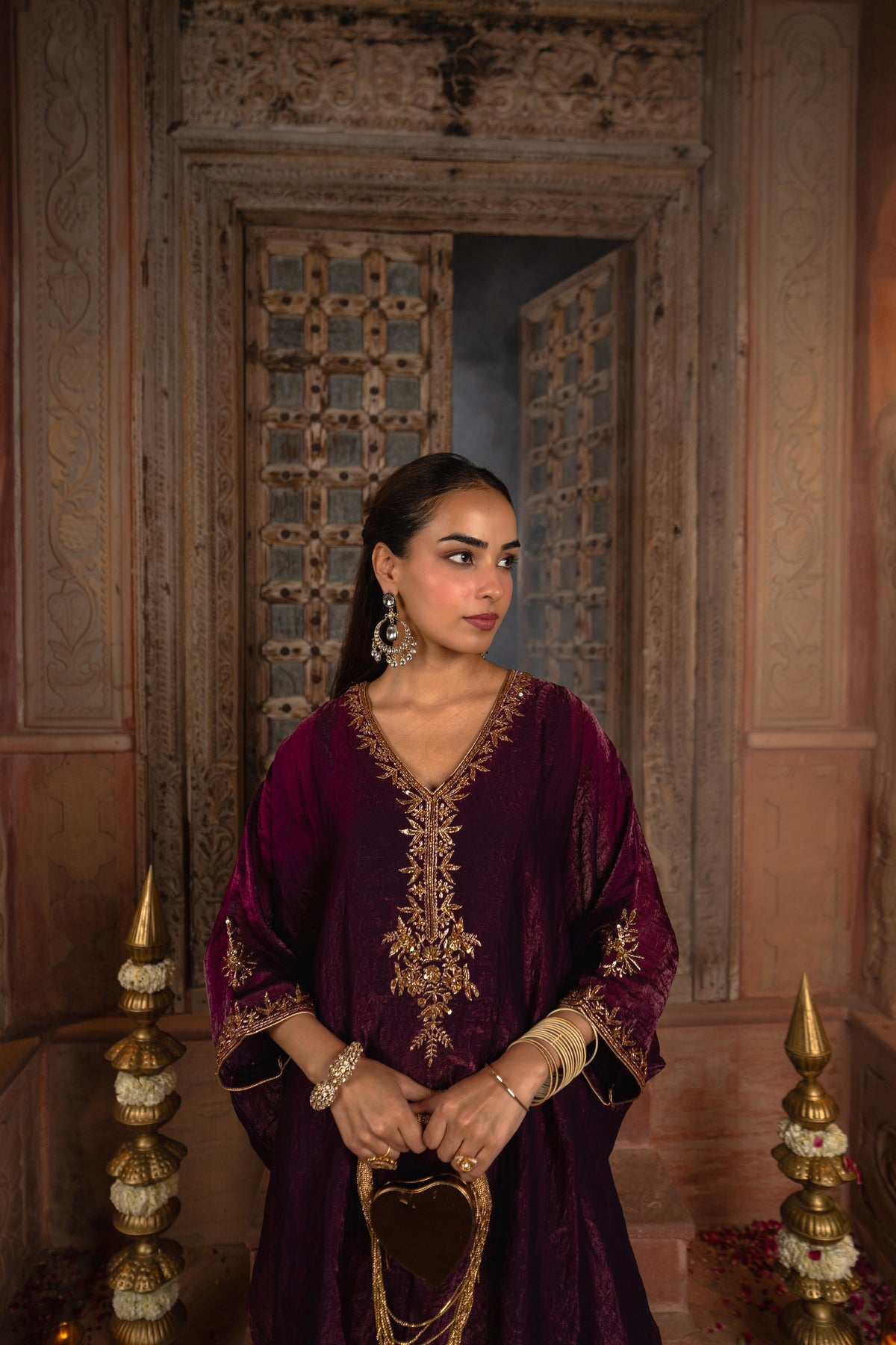 Deep Aubergine Embellished Roman Silk Kaftan Set