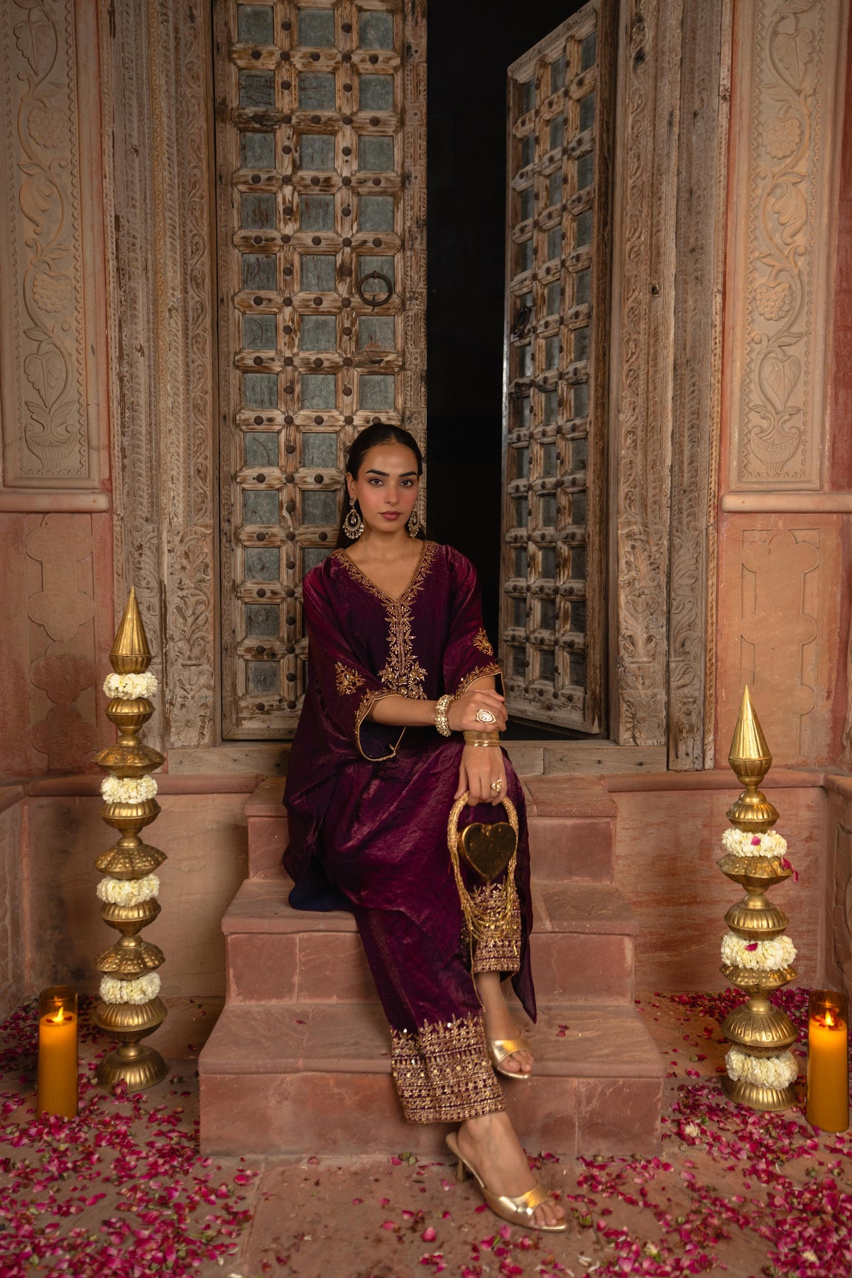 Deep Aubergine Embellished Roman Silk Kaftan Set