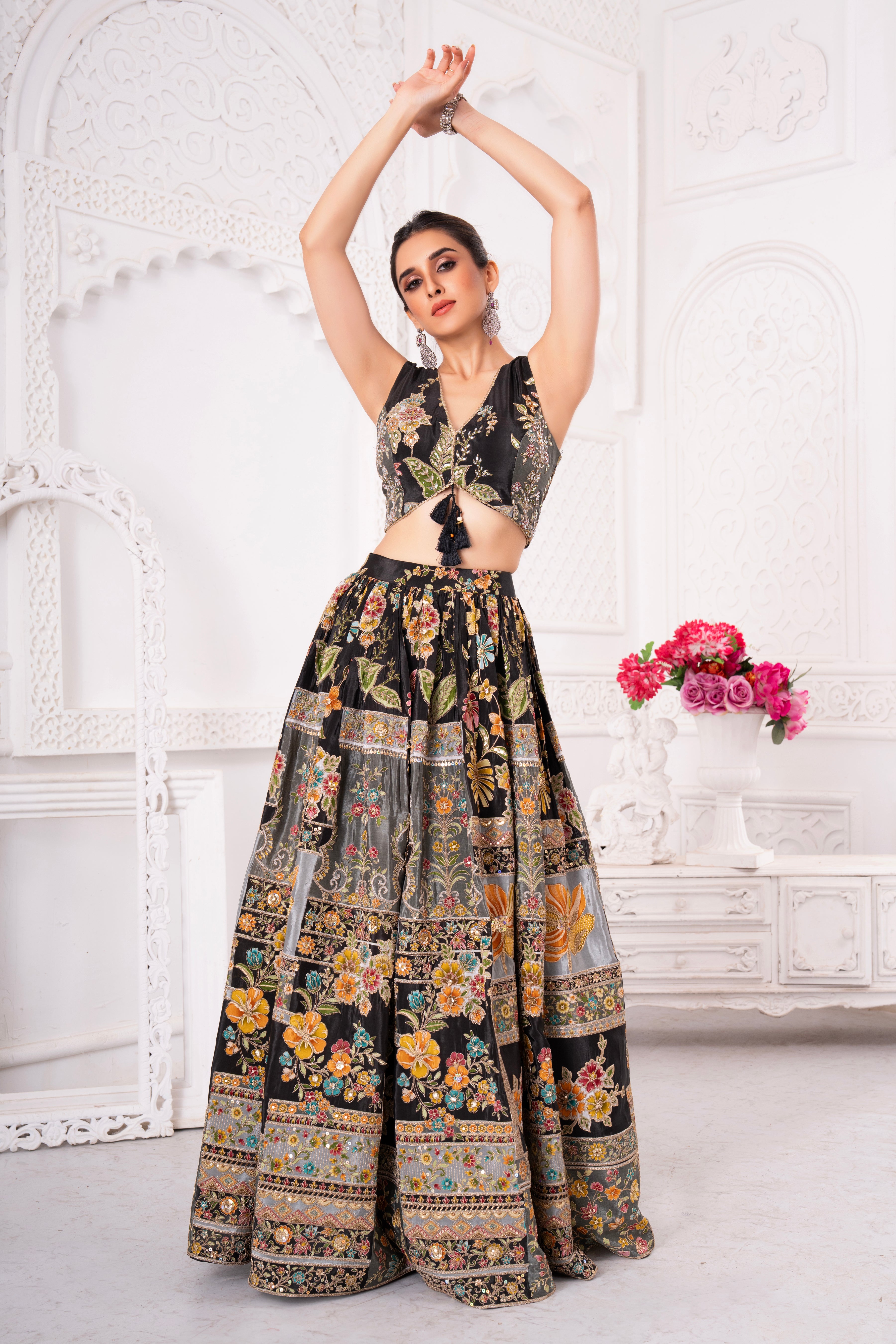 Floral Black Golden Craft Lehenga Set