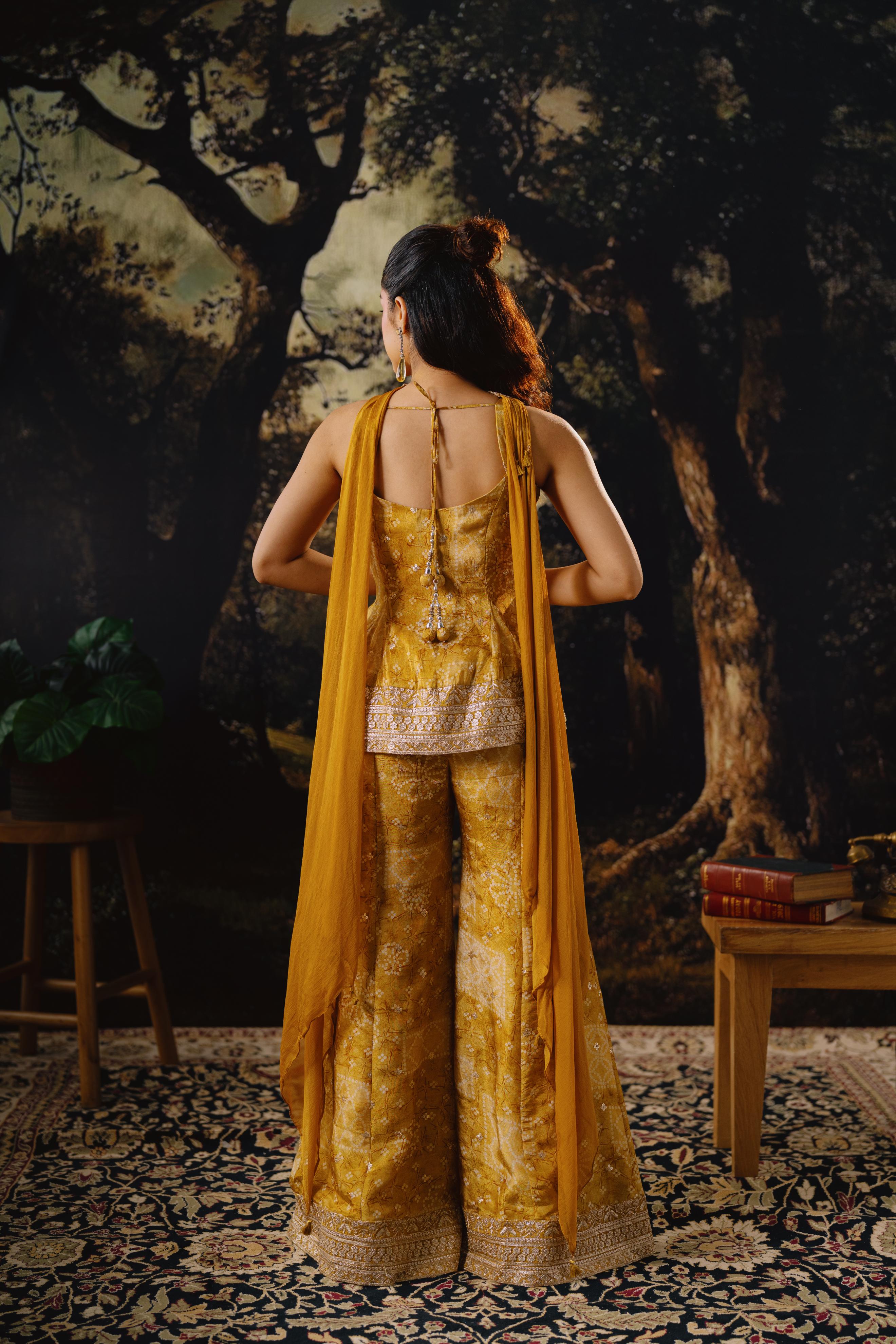 Mustard Yellow Embroidered Peplum Palazzo Set