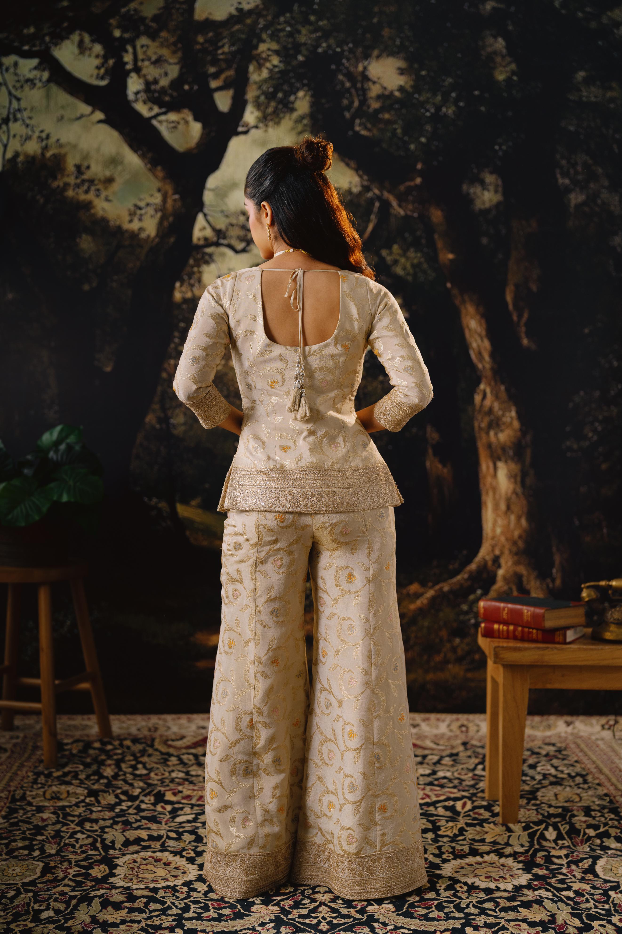 Champagne Gold Embroidered Jacket Palazzo Set