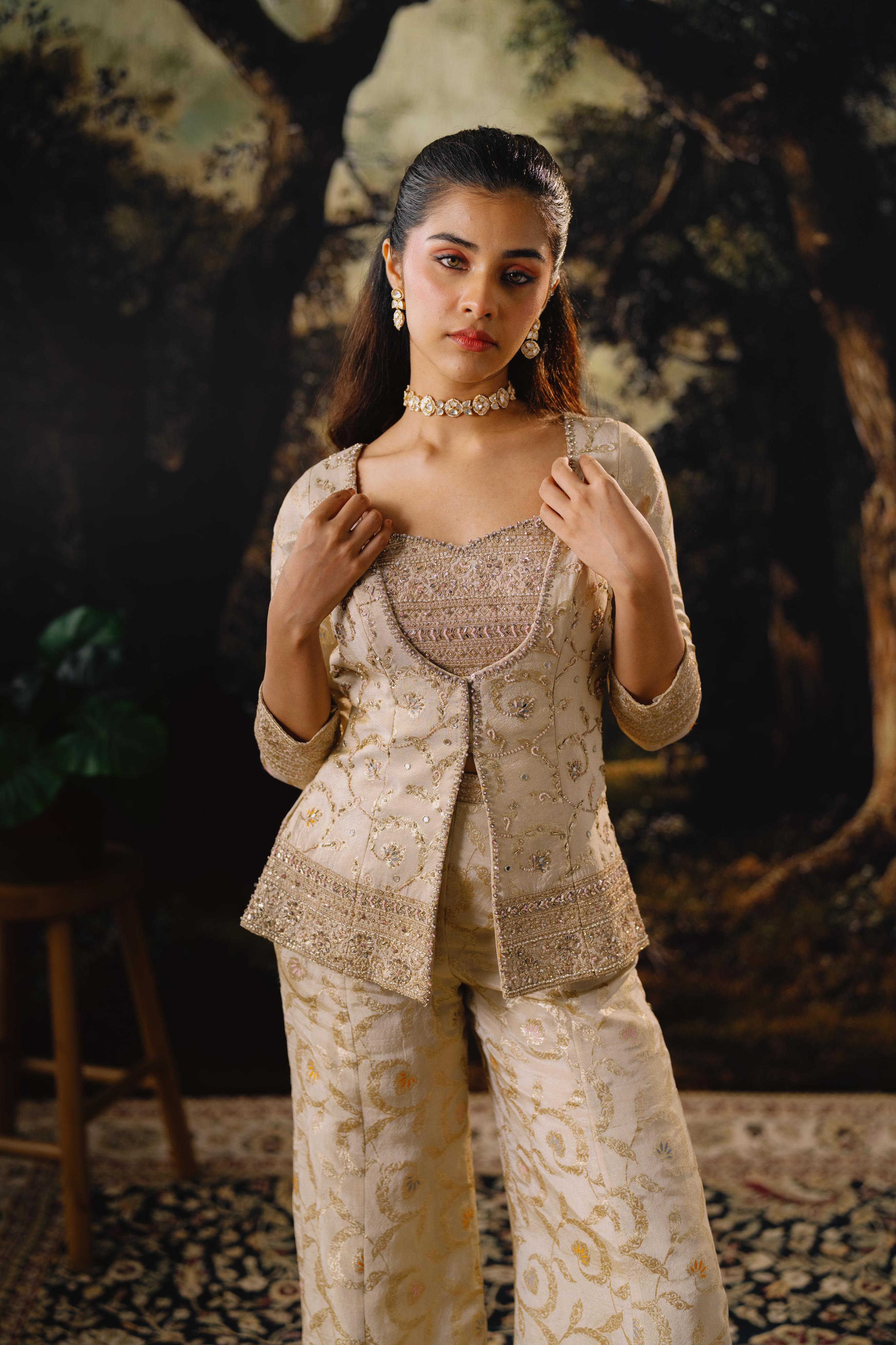 Champagne Gold Embroidered Jacket Palazzo Set