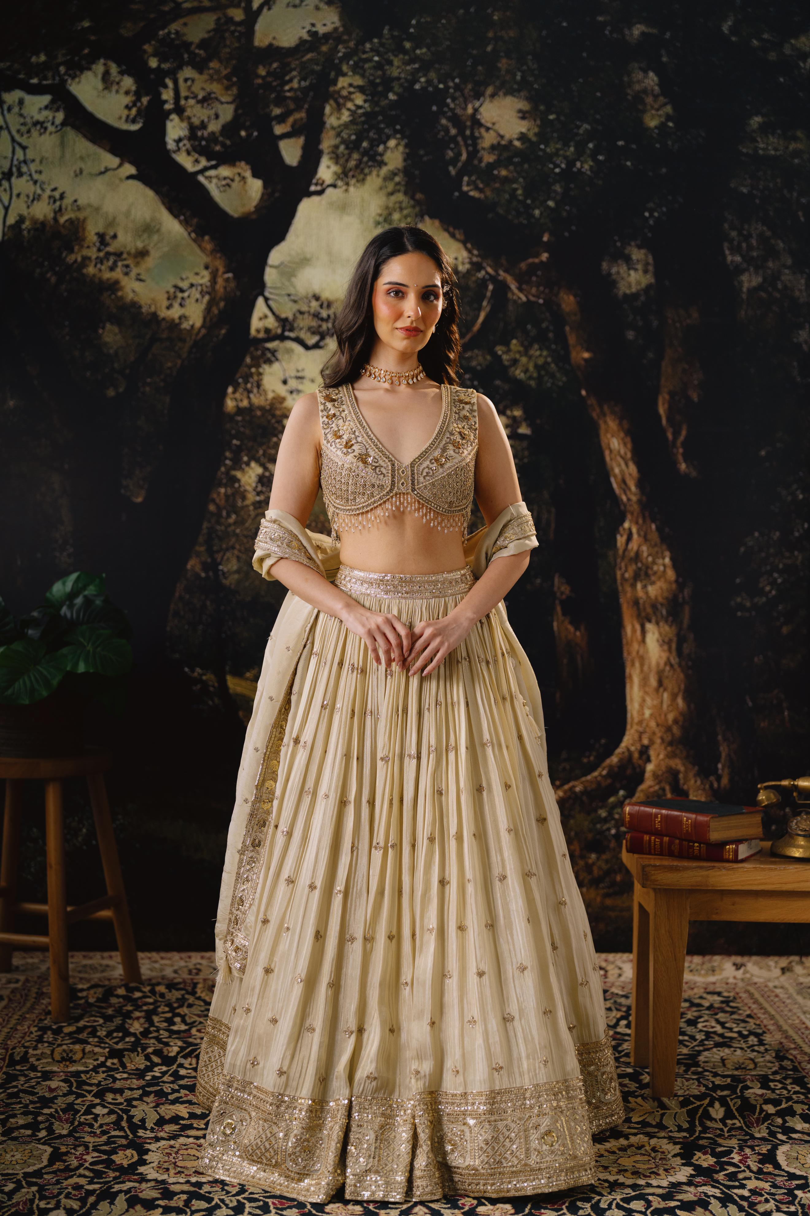 Champagne Embellished Muslin Silk Lehenga Set