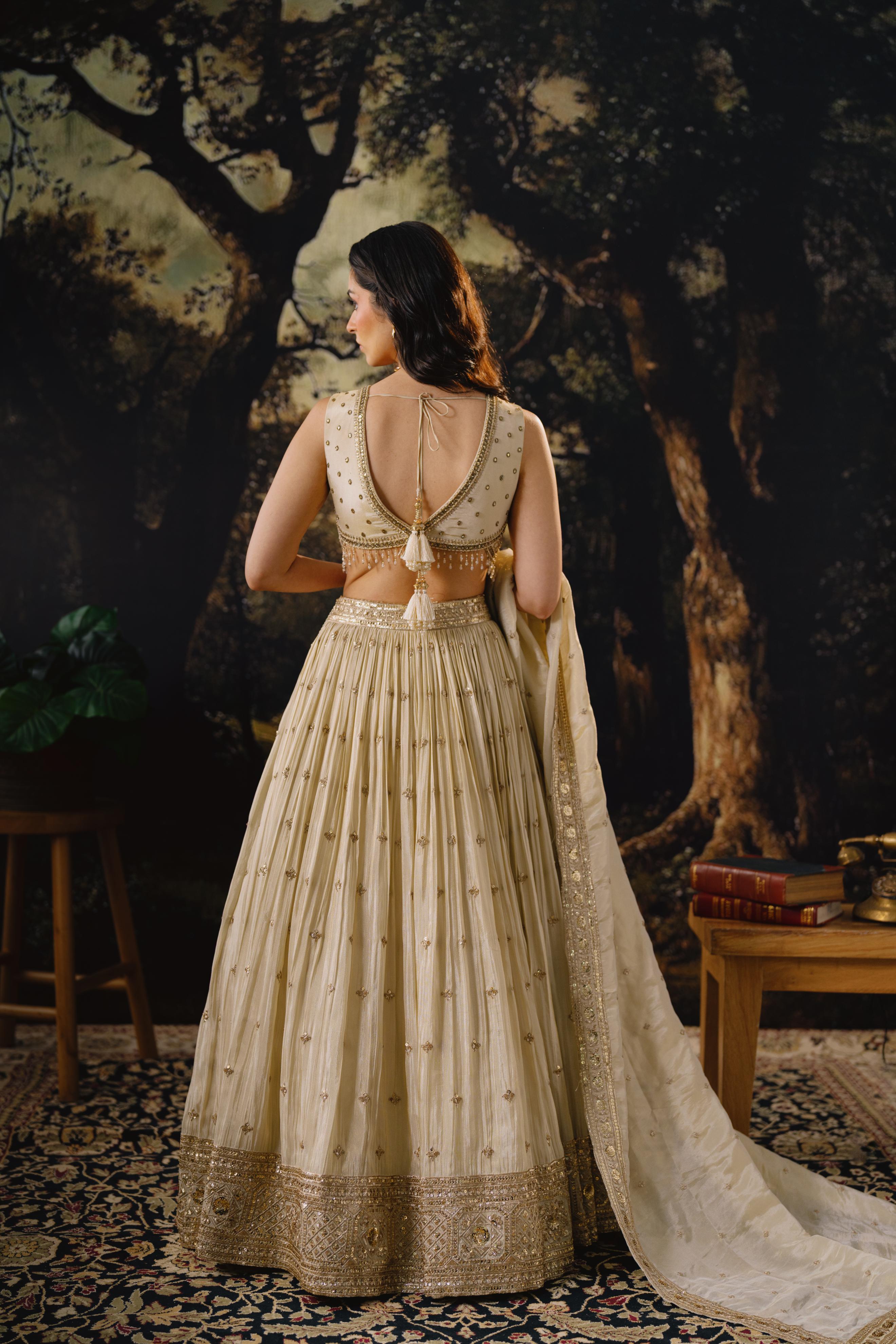 Champagne Embellished Muslin Silk Lehenga Set