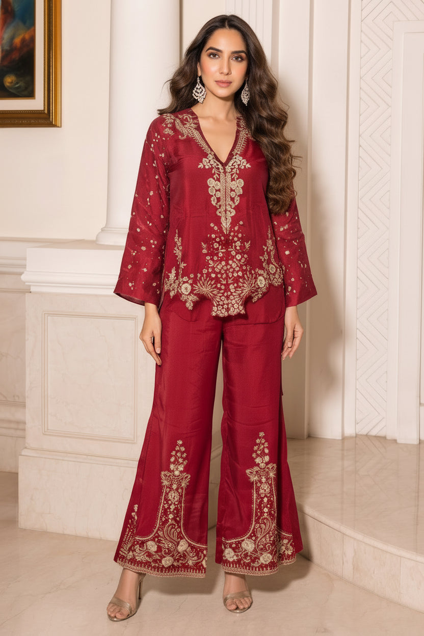 Red Maroon Embellished Organza Silk Palazzo Set