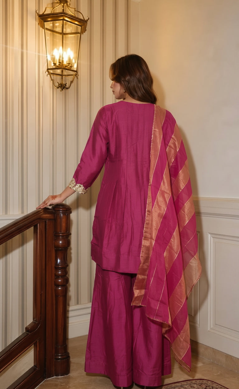 Light Magenta Embellished Raw Silk Palazzo Set