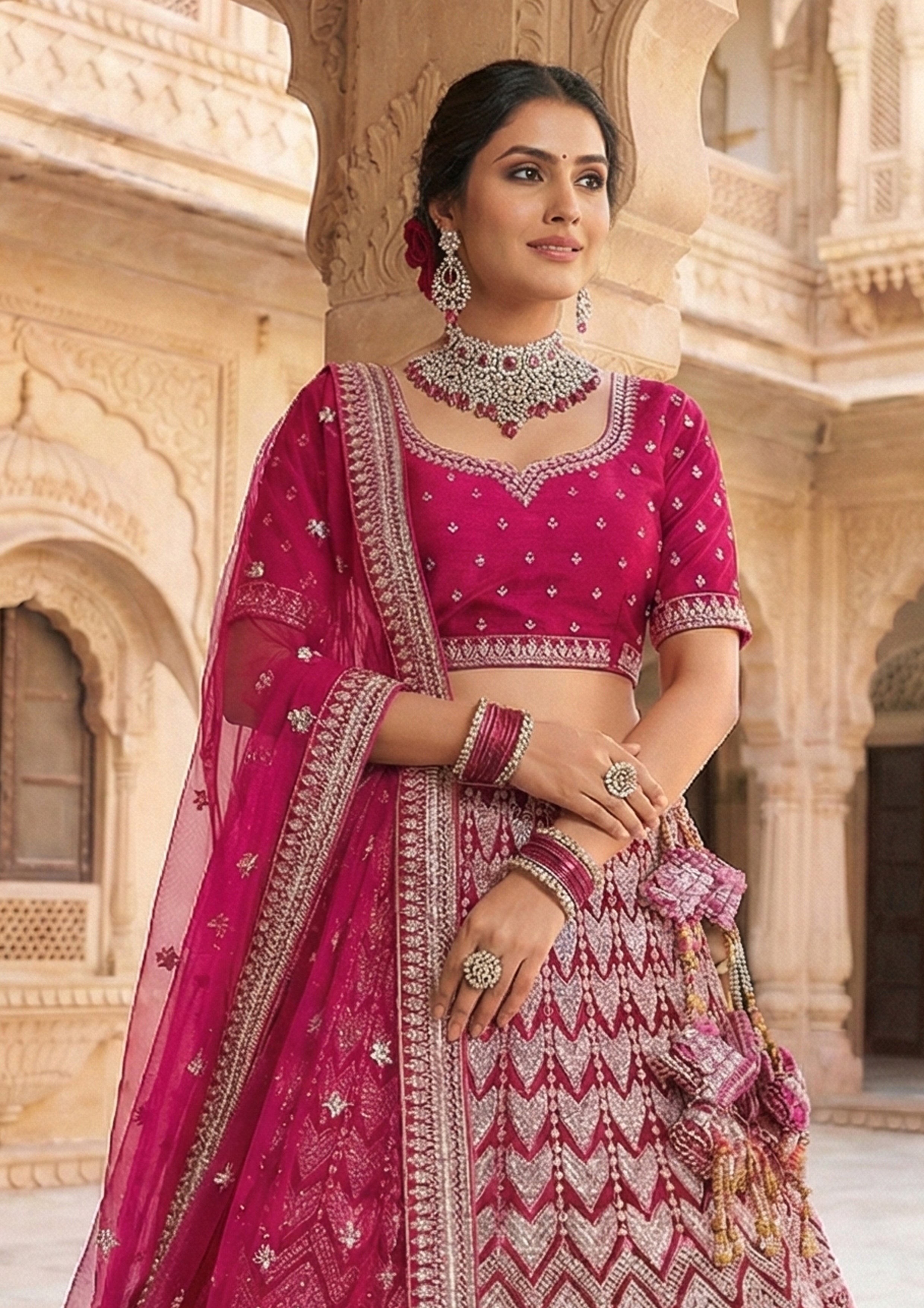 Rani Pink Embellished Premium Velvet Lehenga Set