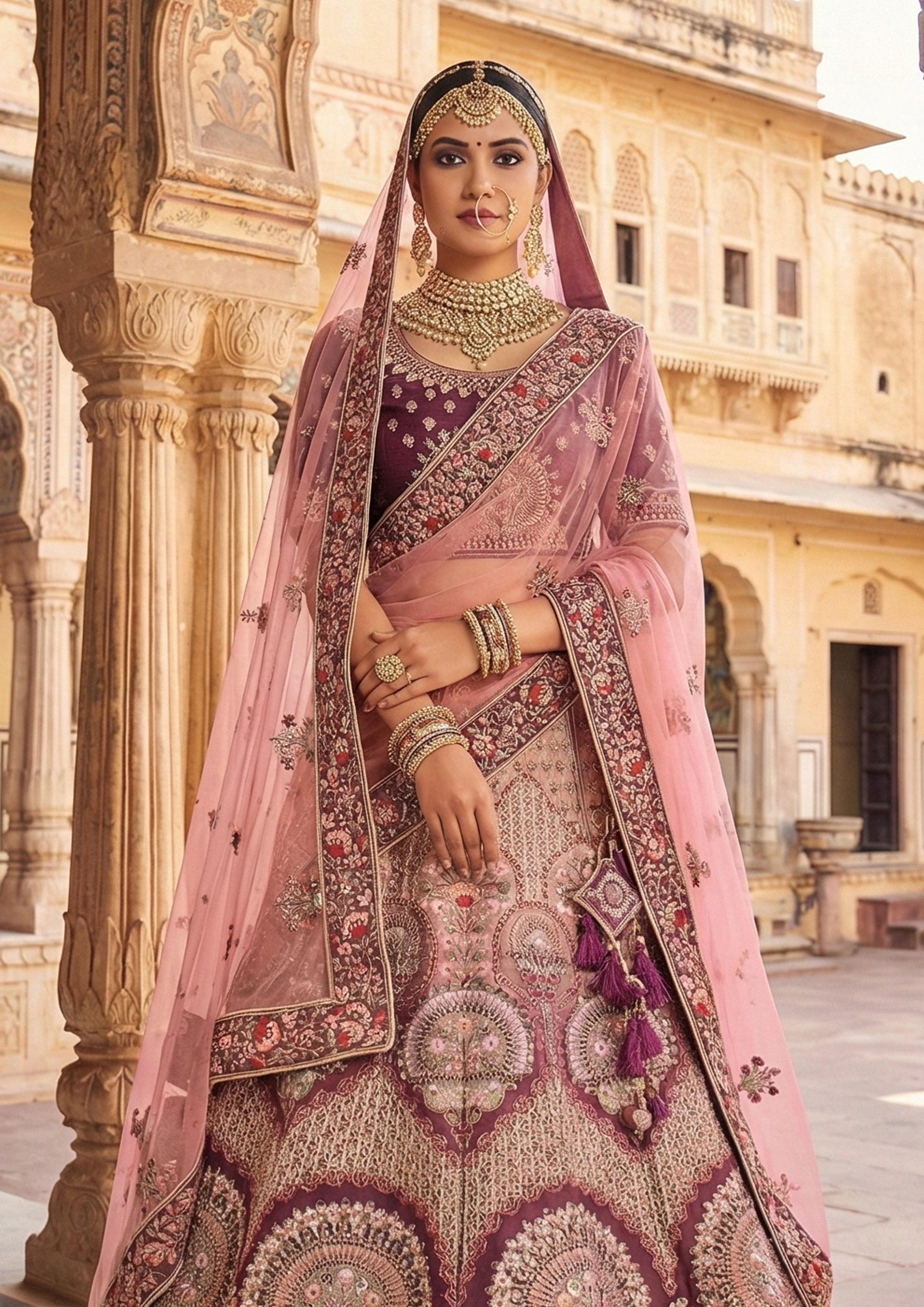 Maroon Pink Embellished Premium Velvet Lehenga Set